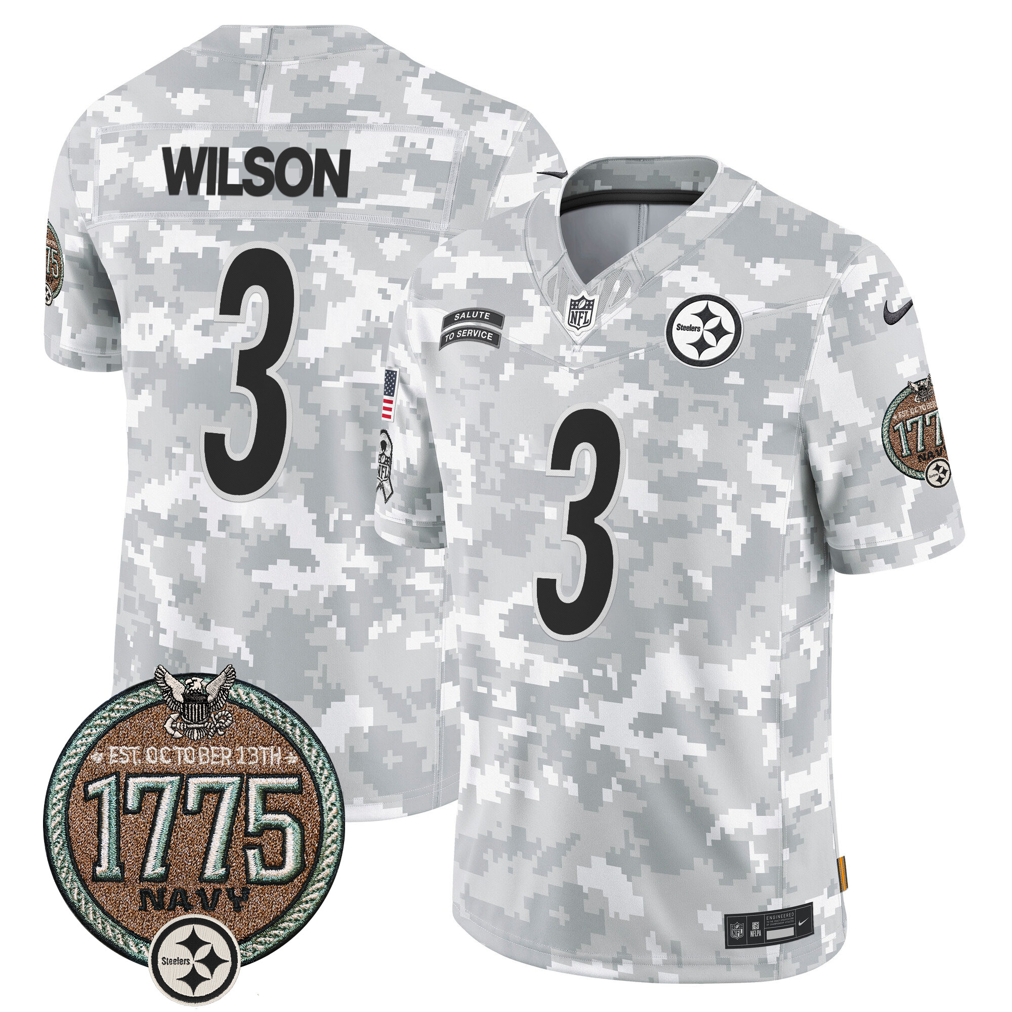 Men's Russell Wilson Pittsburgh Steelers 2024 Salute to Service Establishment Year Patch Vapor Limited Navy Jersey - All Stitched