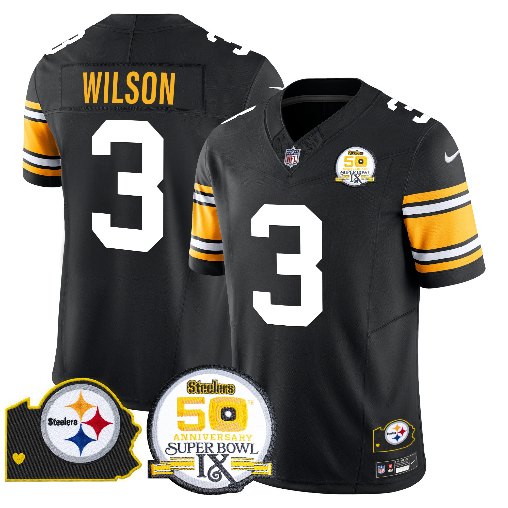 Men's Russell Wilson Pittsburgh Steelers 50th Anniversary Of Super Bowl IX & Map Patch Vapor Limited 1975 Throwback Jersey - All Stitched