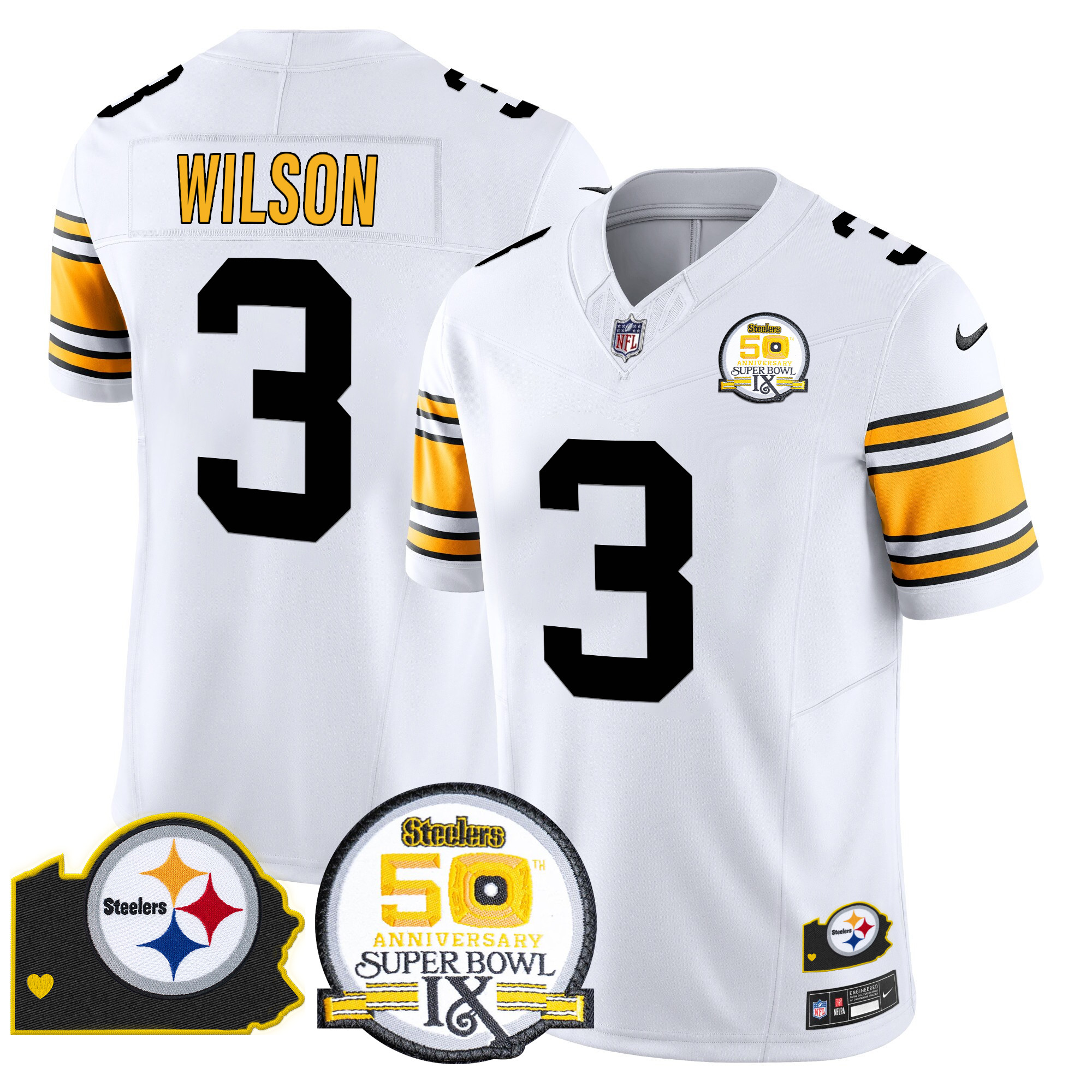 Men's Russell Wilson Pittsburgh Steelers 50th Anniversary Of Super Bowl IX & Map Patch Vapor Limited 1975 White Jersey - All Stitched