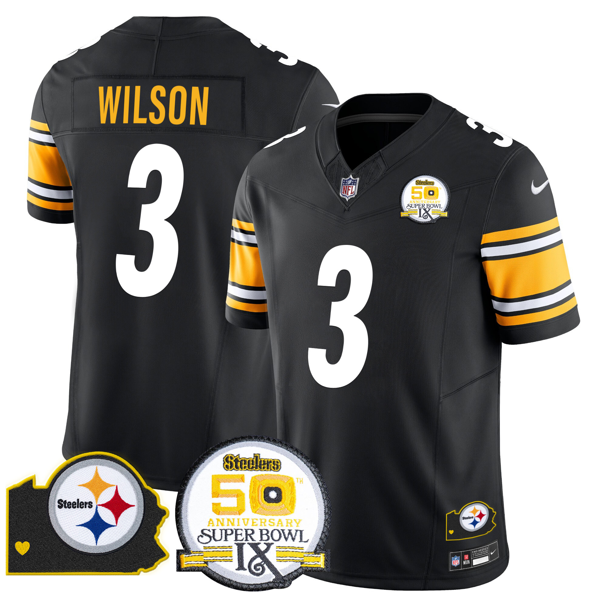 Men's Russell Wilson Pittsburgh Steelers 50th Anniversary Of Super Bowl IX & Map Patch Vapor Limited Black Jersey - All Stitched