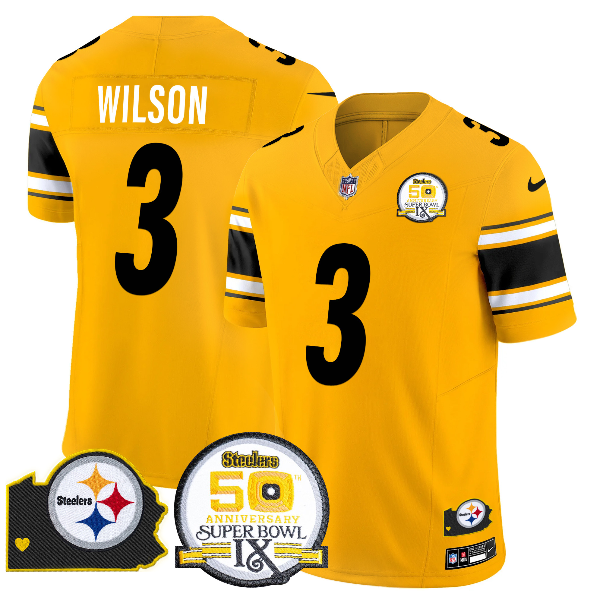 Men's Russell Wilson Pittsburgh Steelers 50th Anniversary Of Super Bowl IX & Map Patch Vapor Limited Gold Jersey - All Stitched