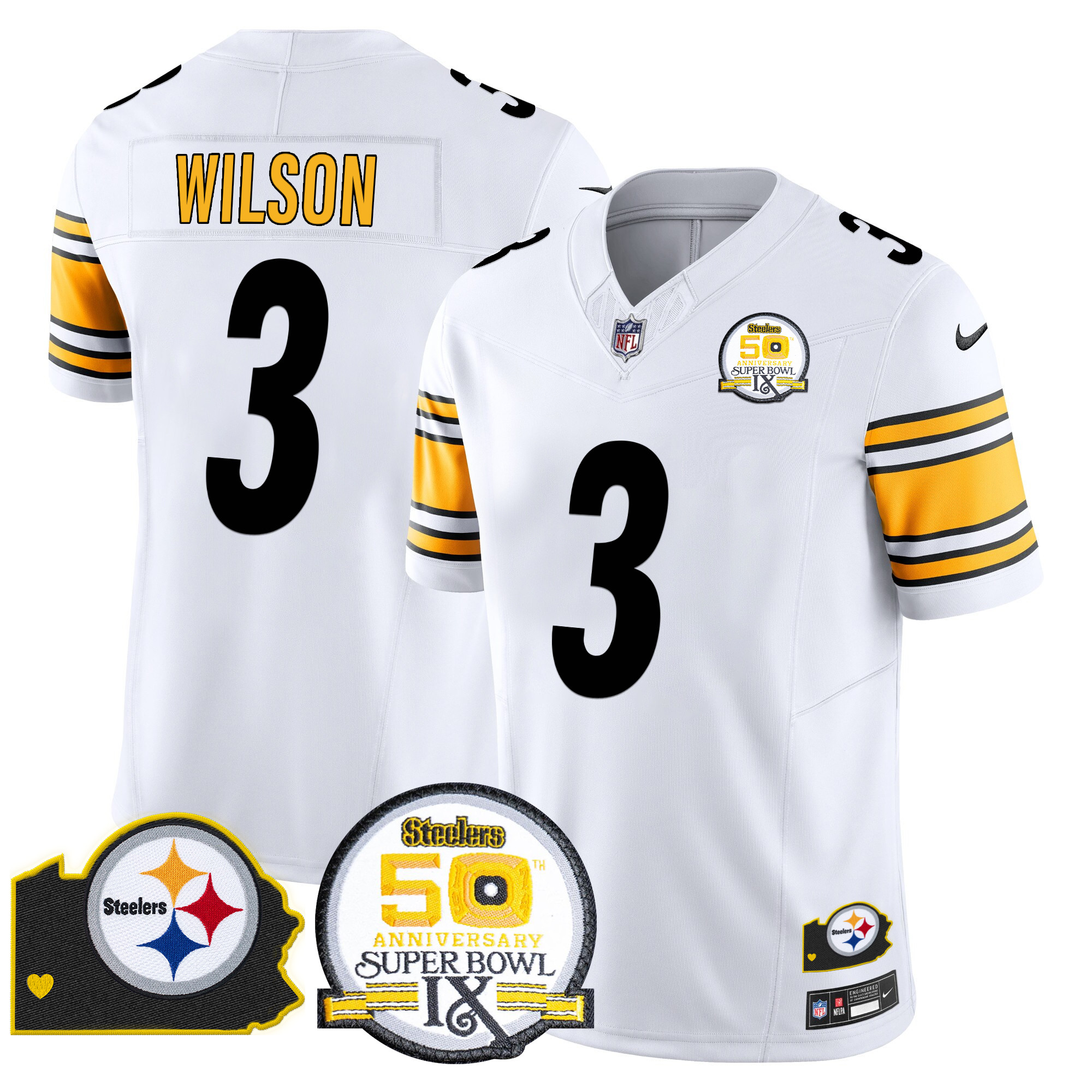 Men's Russell Wilson Pittsburgh Steelers 50th Anniversary Of Super Bowl IX & Map Patch Vapor Limited White Jersey - All Stitched