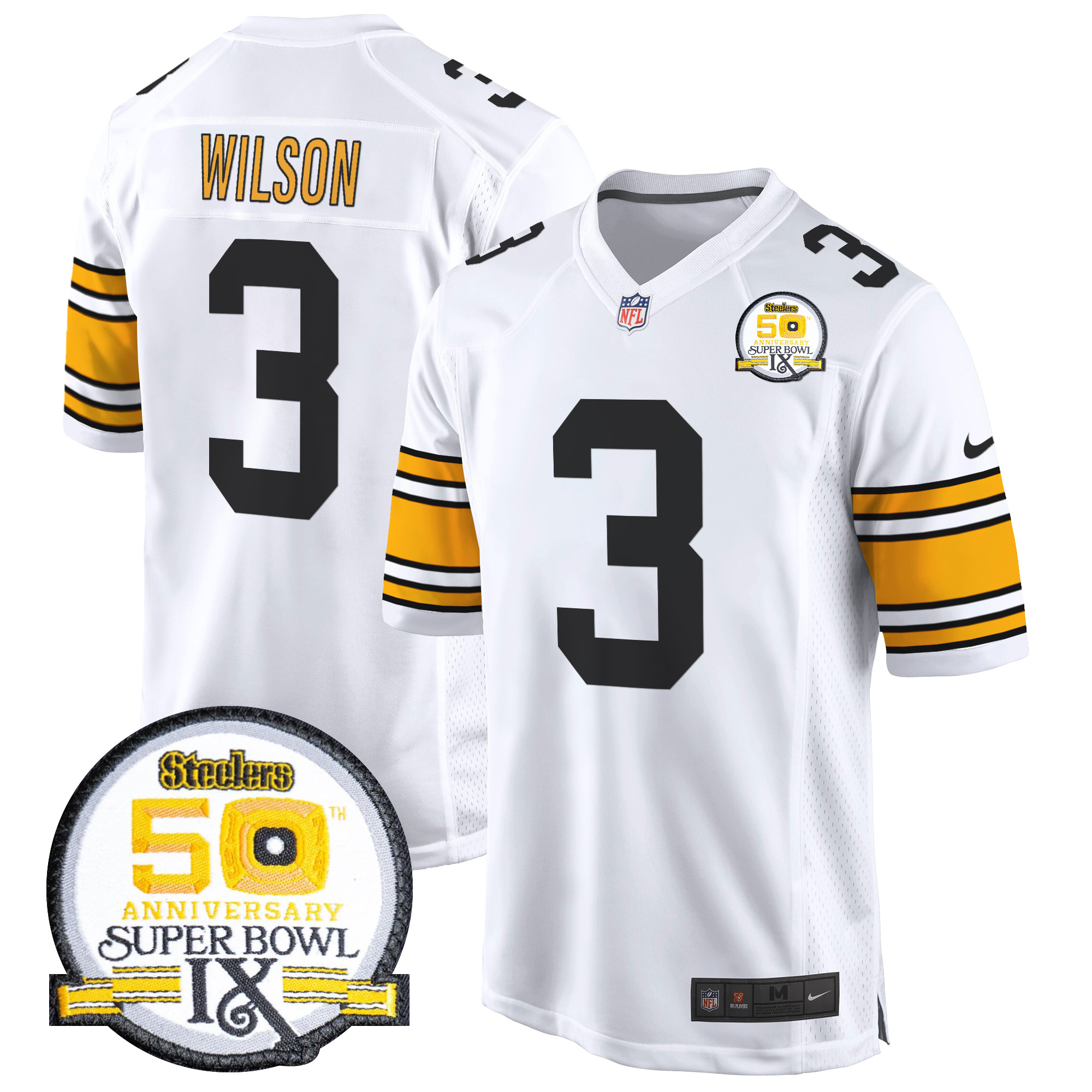 Men's Russell Wilson Pittsburgh Steelers 50th Anniversary Of Super Bowl IX Patch Game 1975 White Jersey - All Stitched
