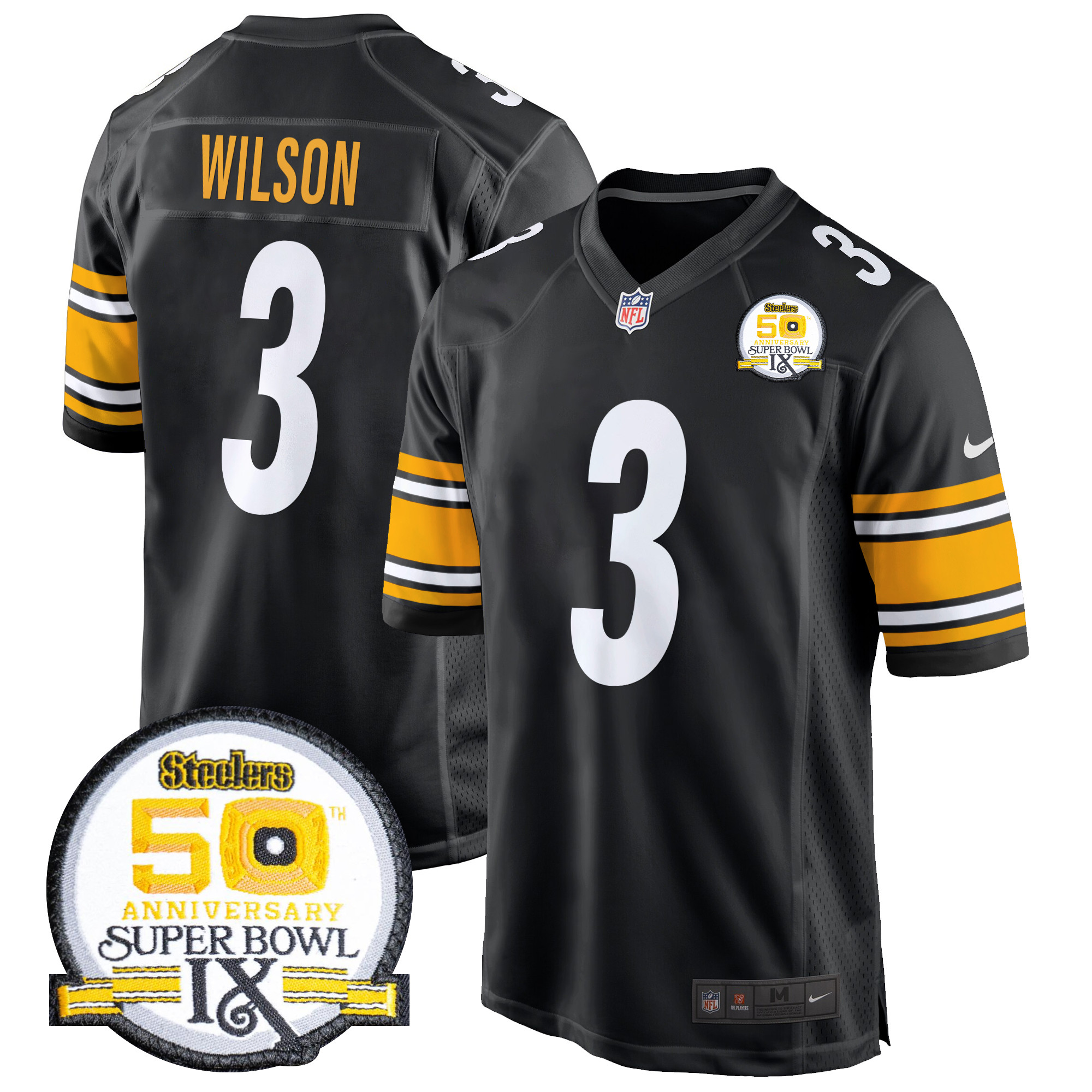 Men's Russell Wilson Pittsburgh Steelers 50th Anniversary Of Super Bowl IX Patch Game Black Jersey - All Stitched