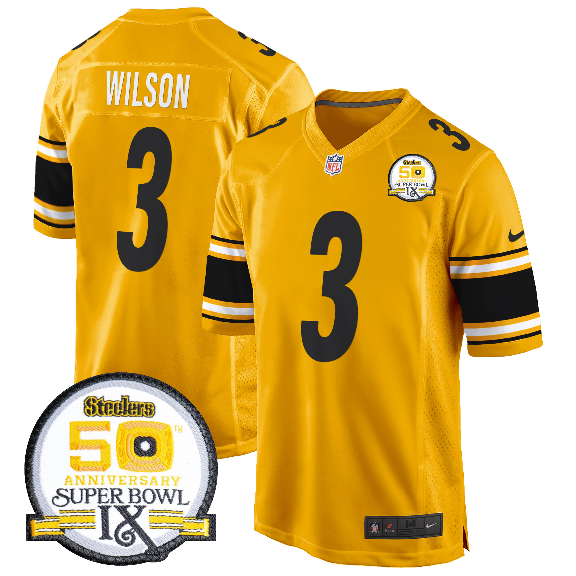 Men's Russell Wilson Pittsburgh Steelers 50th Anniversary Of Super Bowl IX Patch Game Gold Jersey - All Stitched