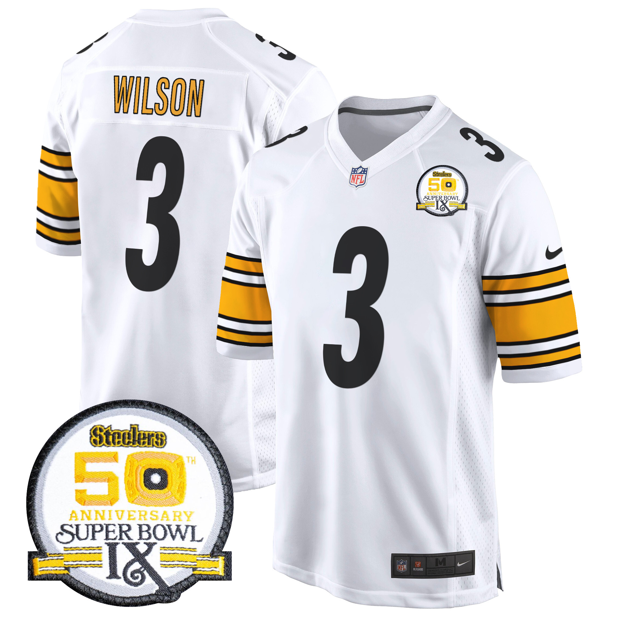 Men's Russell Wilson Pittsburgh Steelers 50th Anniversary Of Super Bowl IX Patch Game White Jersey - All Stitched