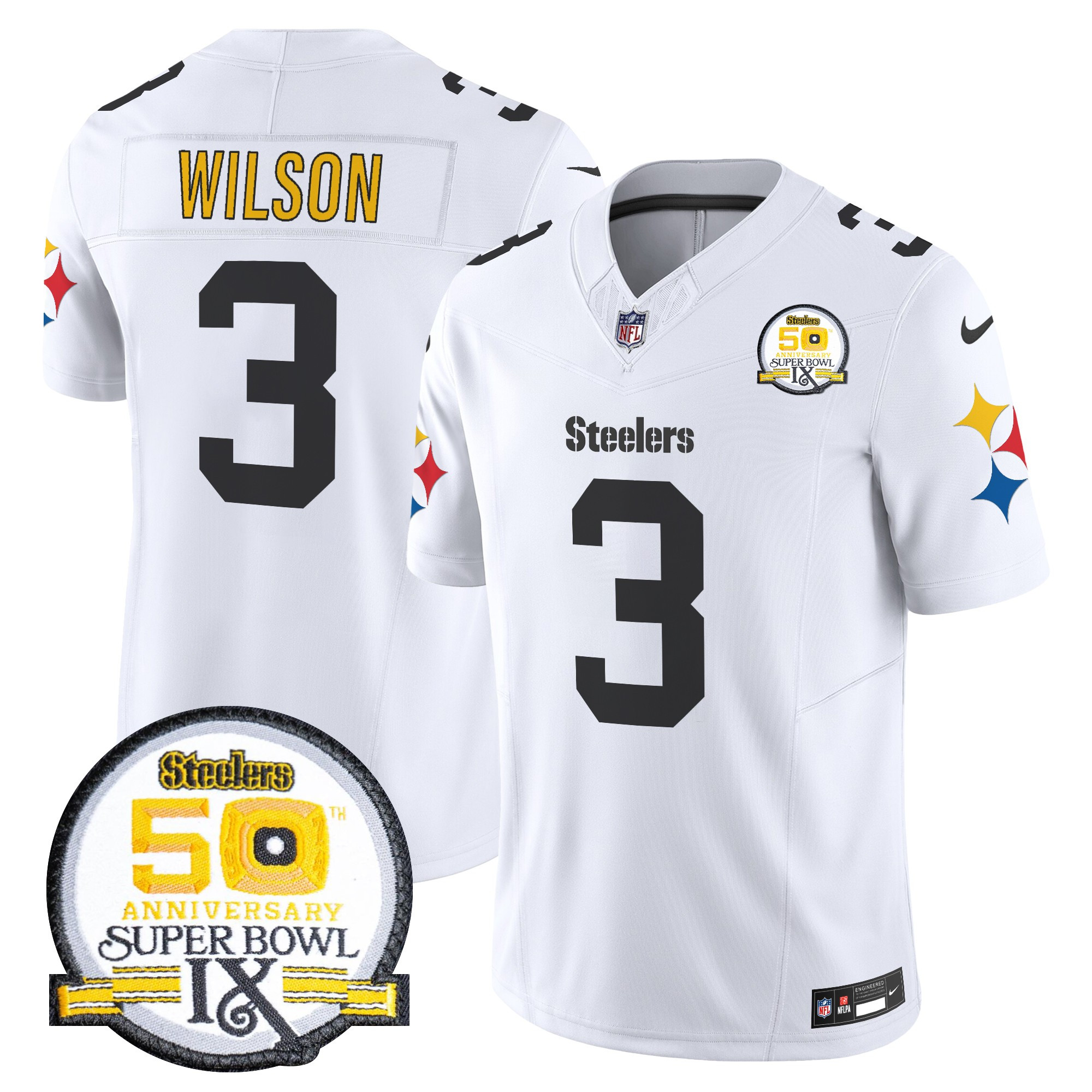 Men's Russell Wilson Pittsburgh Steelers 50th Anniversary Of Super Bowl IX Patch Vapor Limited 1975 White Jersey - All Stitched
