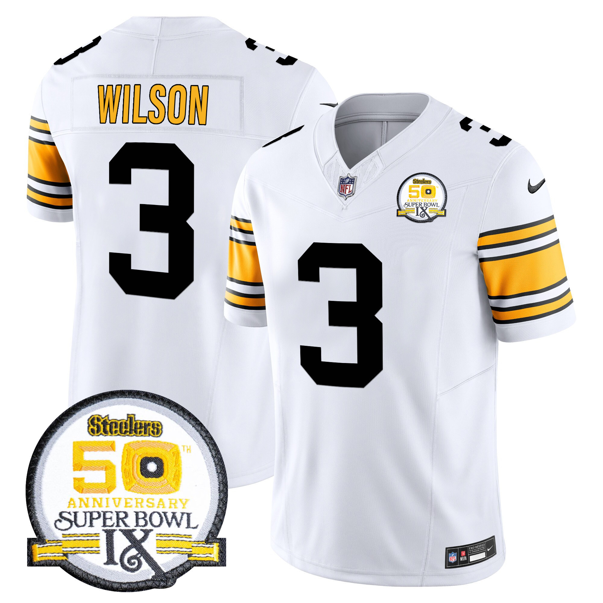 Men's Russell Wilson Pittsburgh Steelers 50th Anniversary Of Super Bowl IX Patch Vapor Limited 1975 White Jersey - All Stitched