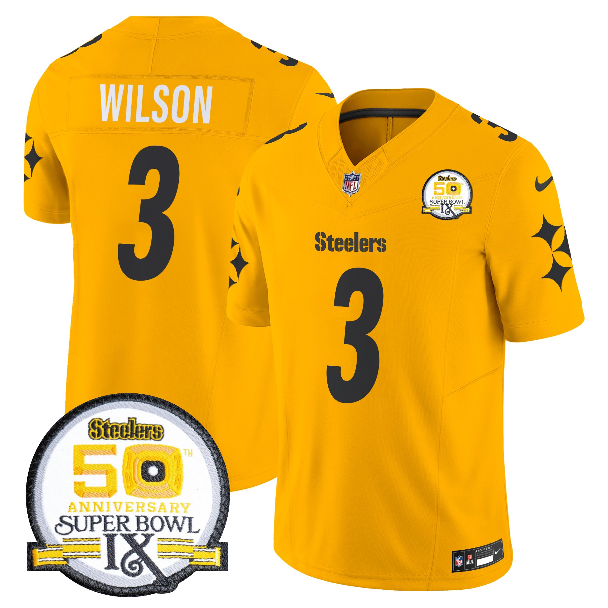 Men's Russell Wilson Pittsburgh Steelers 50th Anniversary Of Super Bowl IX Patch Vapor Limited Gold Jersey - All Stitched