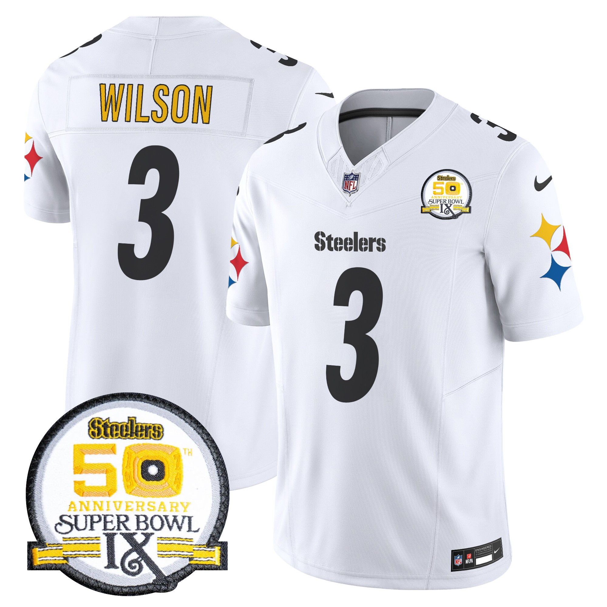 Men's Russell Wilson Pittsburgh Steelers 50th Anniversary Of Super Bowl IX Patch Vapor Limited White Jersey - All Stitched