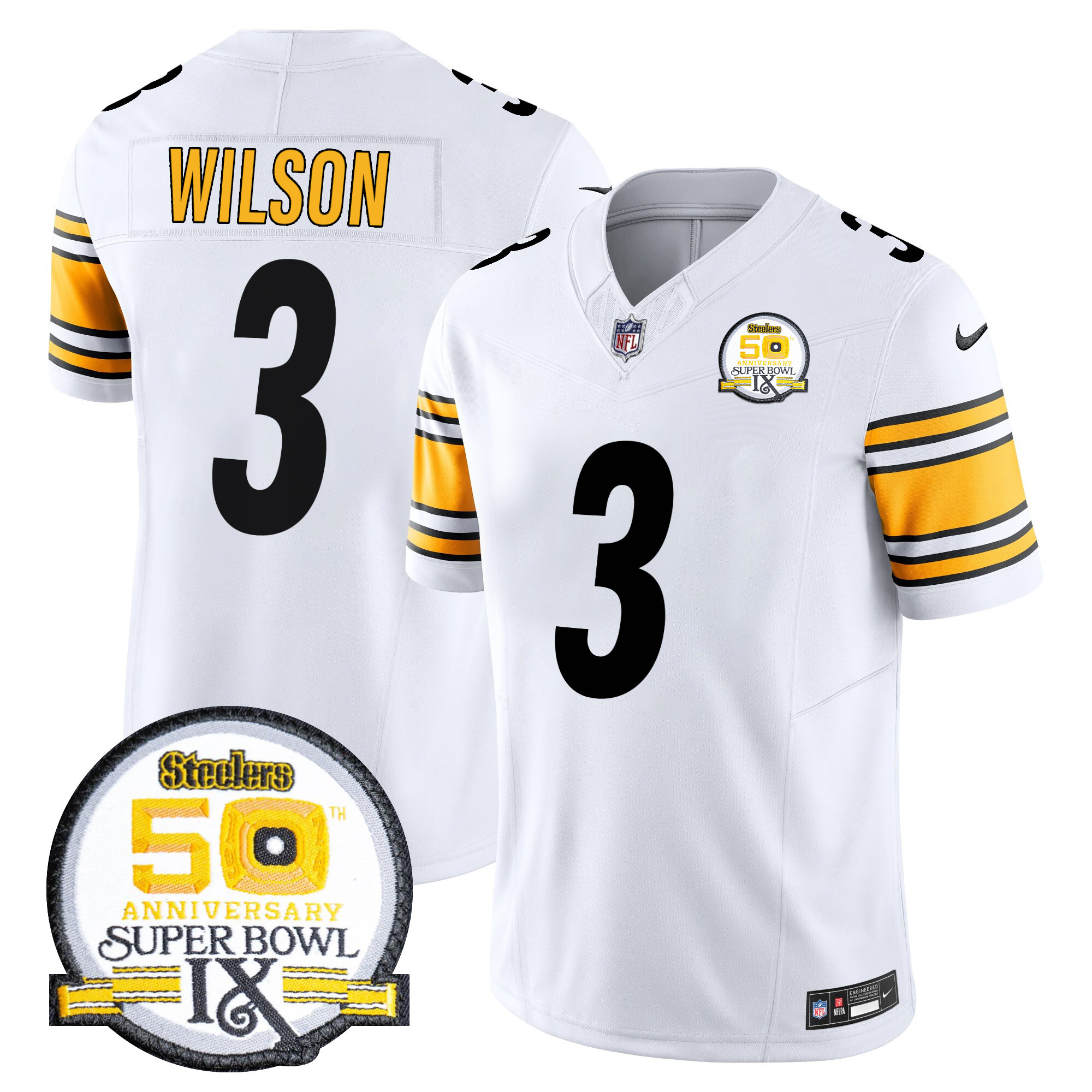 Men's Russell Wilson Pittsburgh Steelers 50th Anniversary Of Super Bowl IX Patch Vapor Limited White Jersey - All Stitched
