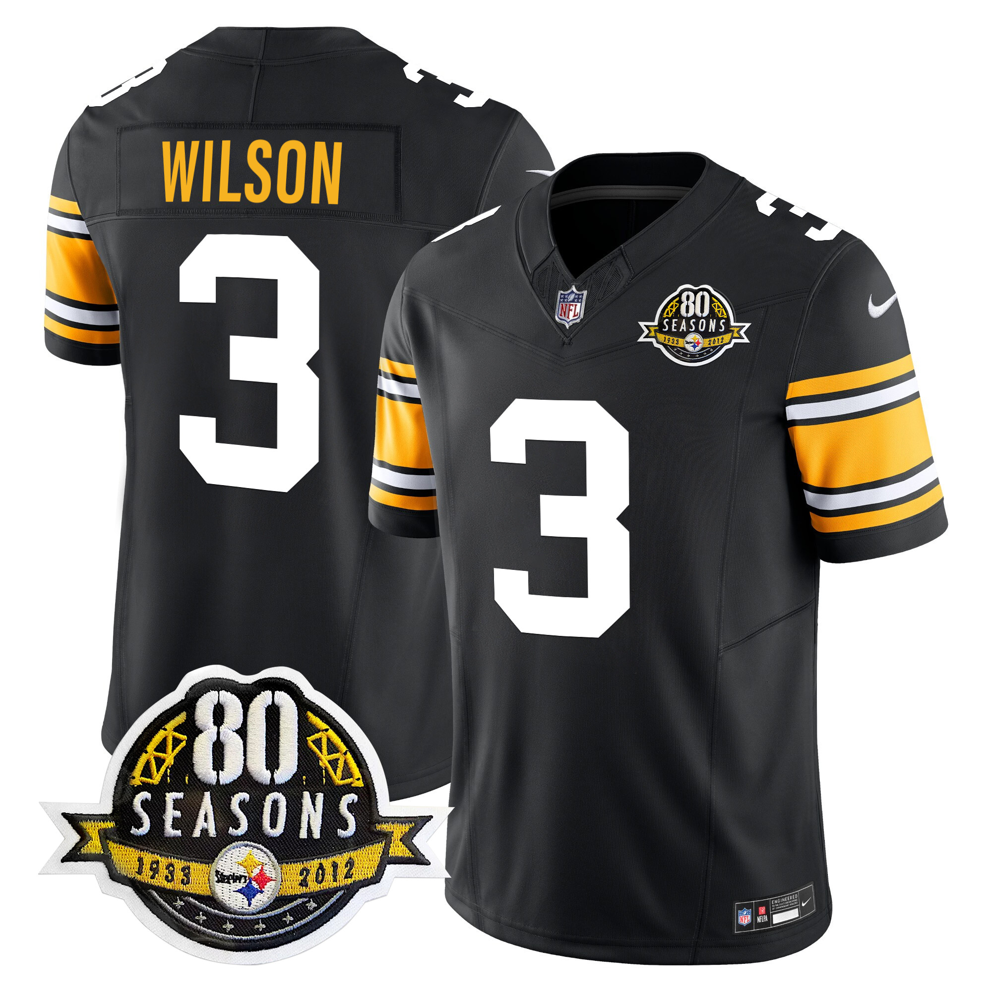 Men's Russell Wilson Pittsburgh Steelers 80th Anniversary Patch Vapor Limited 1975 Throwback Jersey - All Stitched