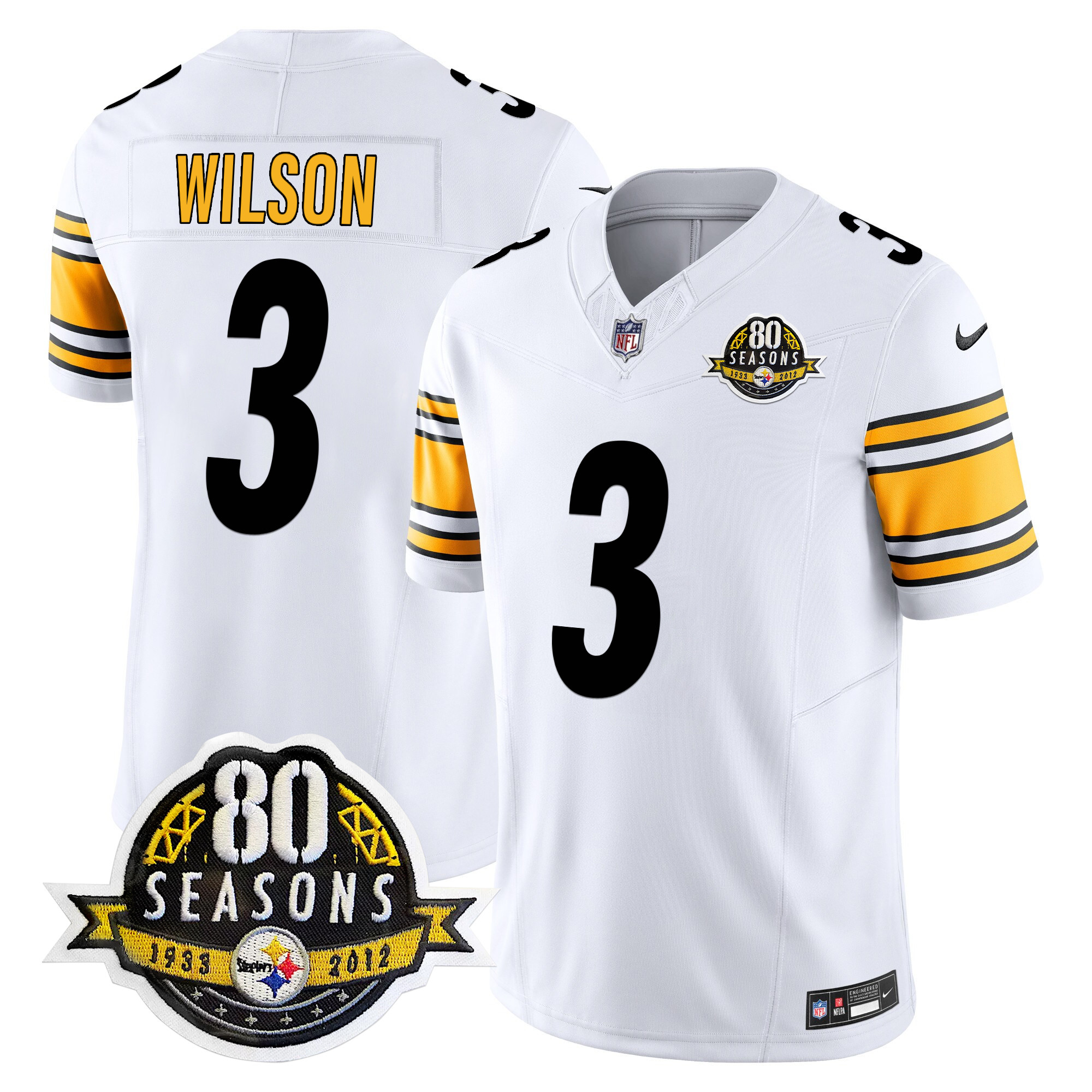 Men's Russell Wilson Pittsburgh Steelers 80th Anniversary Patch Vapor Limited White Jersey - All Stitched