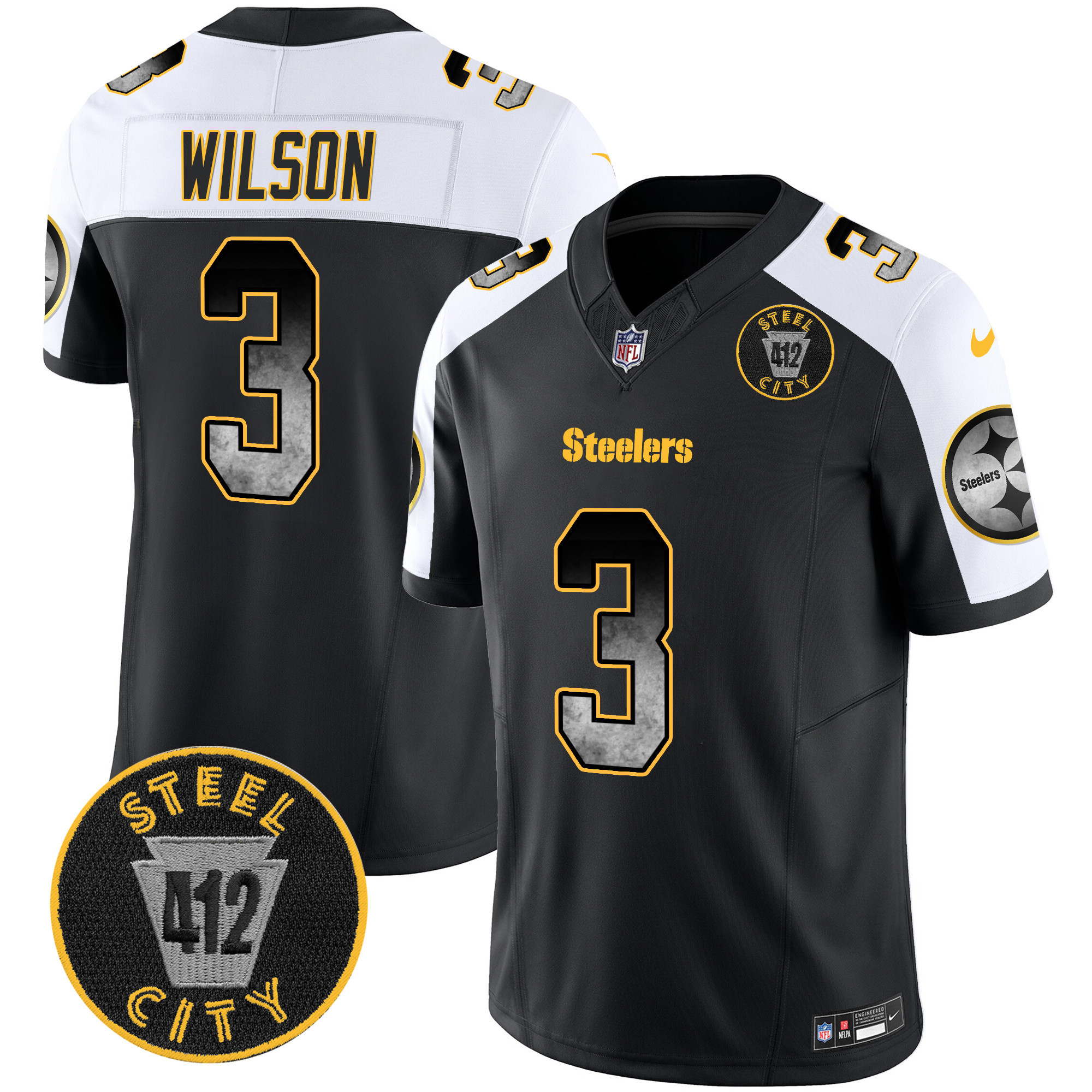 Men's Russell Wilson Pittsburgh Steelers Arch Smoke 412 Patch Vapor Limited Alternate Jersey - All Stitched