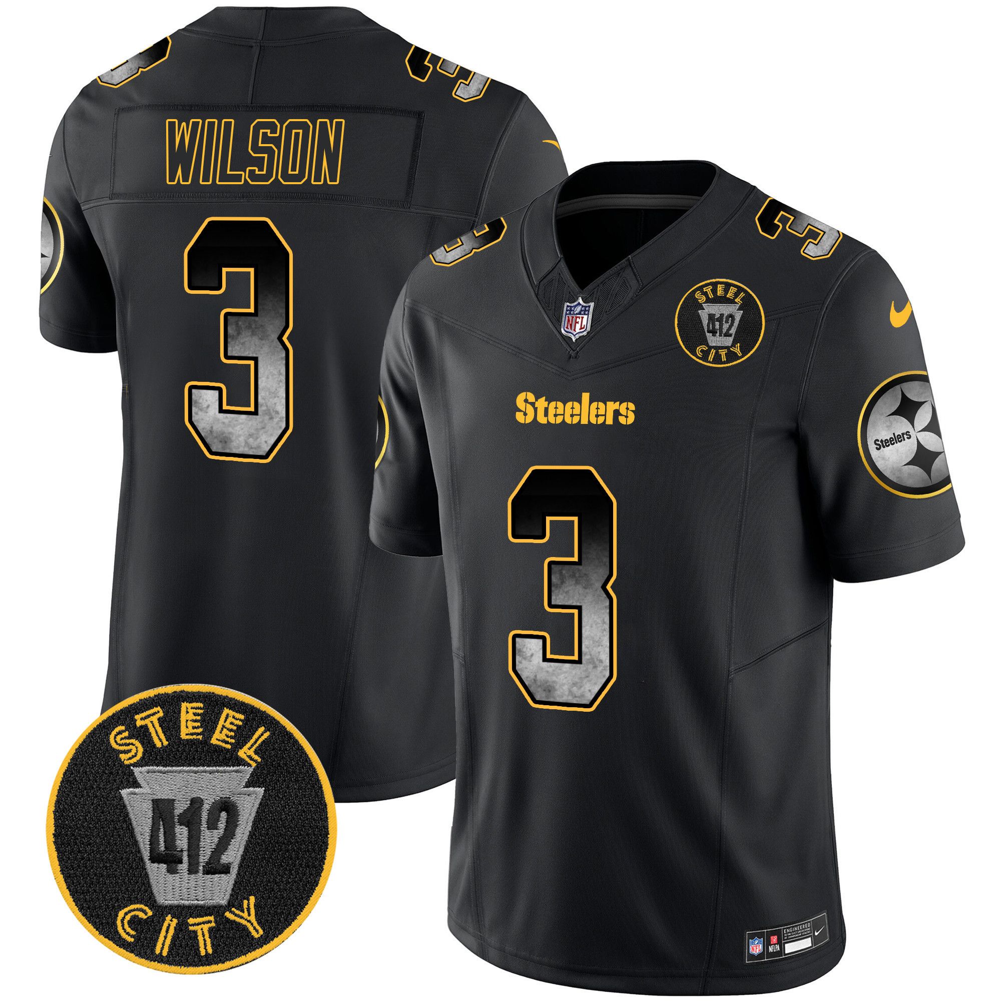 Men's Russell Wilson Pittsburgh Steelers Arch Smoke 412 Patch Vapor Limited Black Jersey - All Stitched