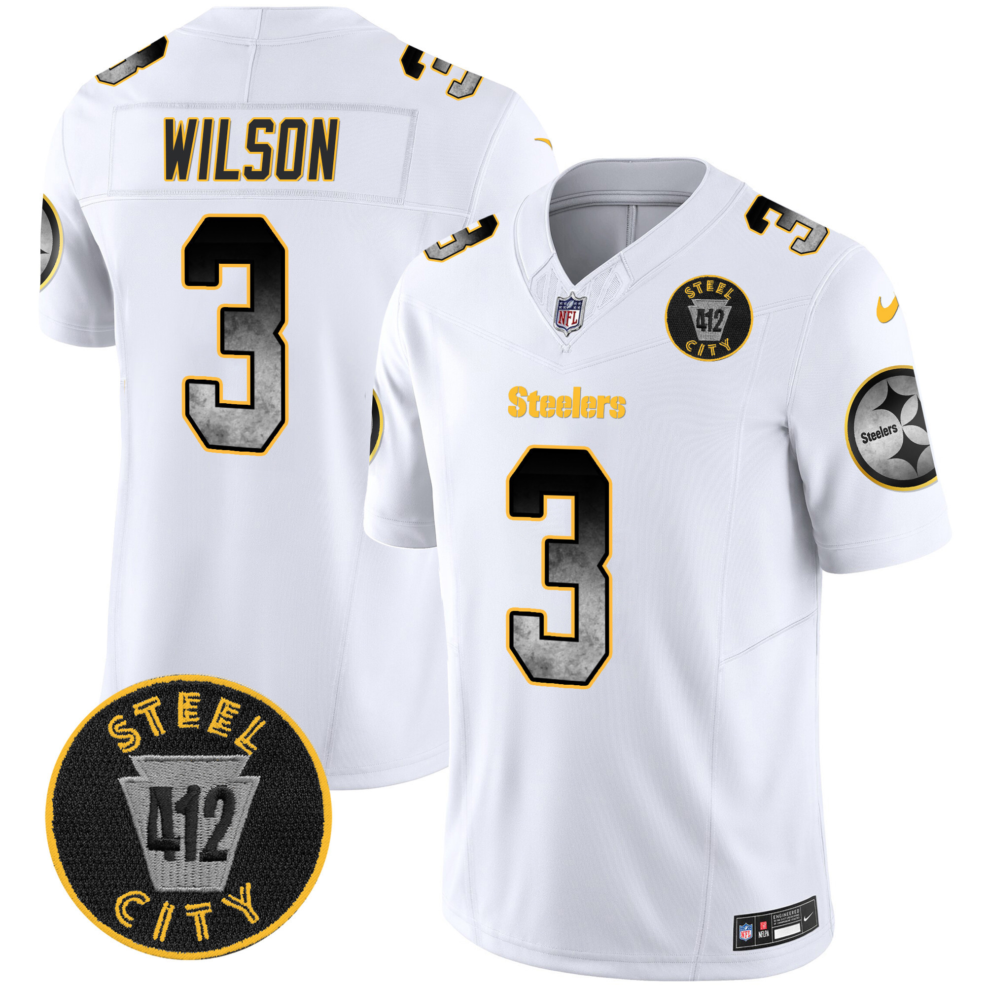 Men's Russell Wilson Pittsburgh Steelers Arch Smoke 412 Patch Vapor Limited White Jersey - All Stitched