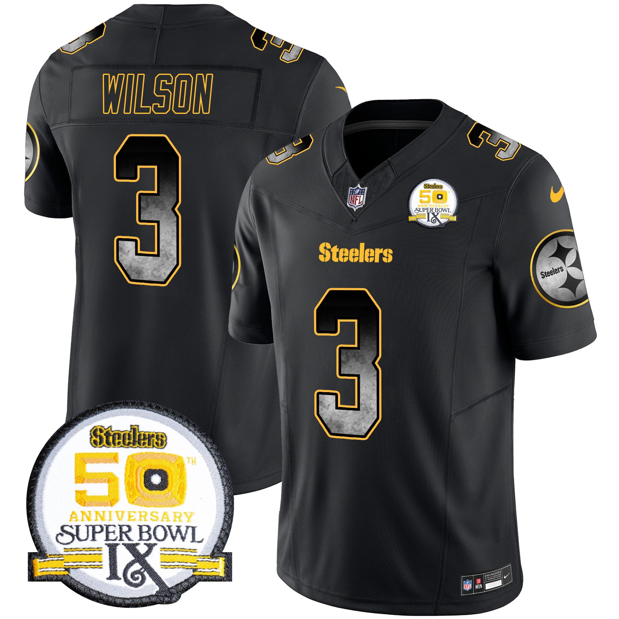 Men's Russell Wilson Pittsburgh Steelers Arch Smoke 50th Anniversary Of Super Bowl IX Patch Vapor Limited Black Jersey - All Stitched