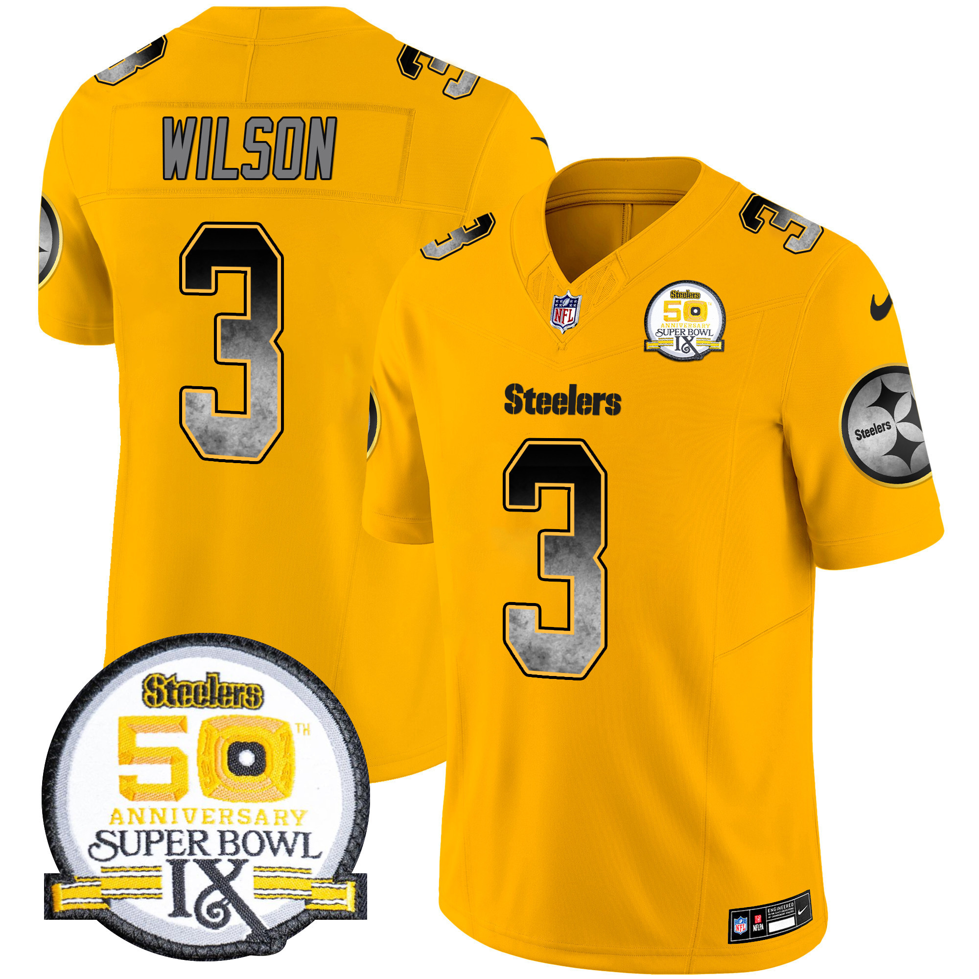 Men's Russell Wilson Pittsburgh Steelers Arch Smoke 50th Anniversary Of Super Bowl IX Patch Vapor Limited Gold Jersey - All Stitched
