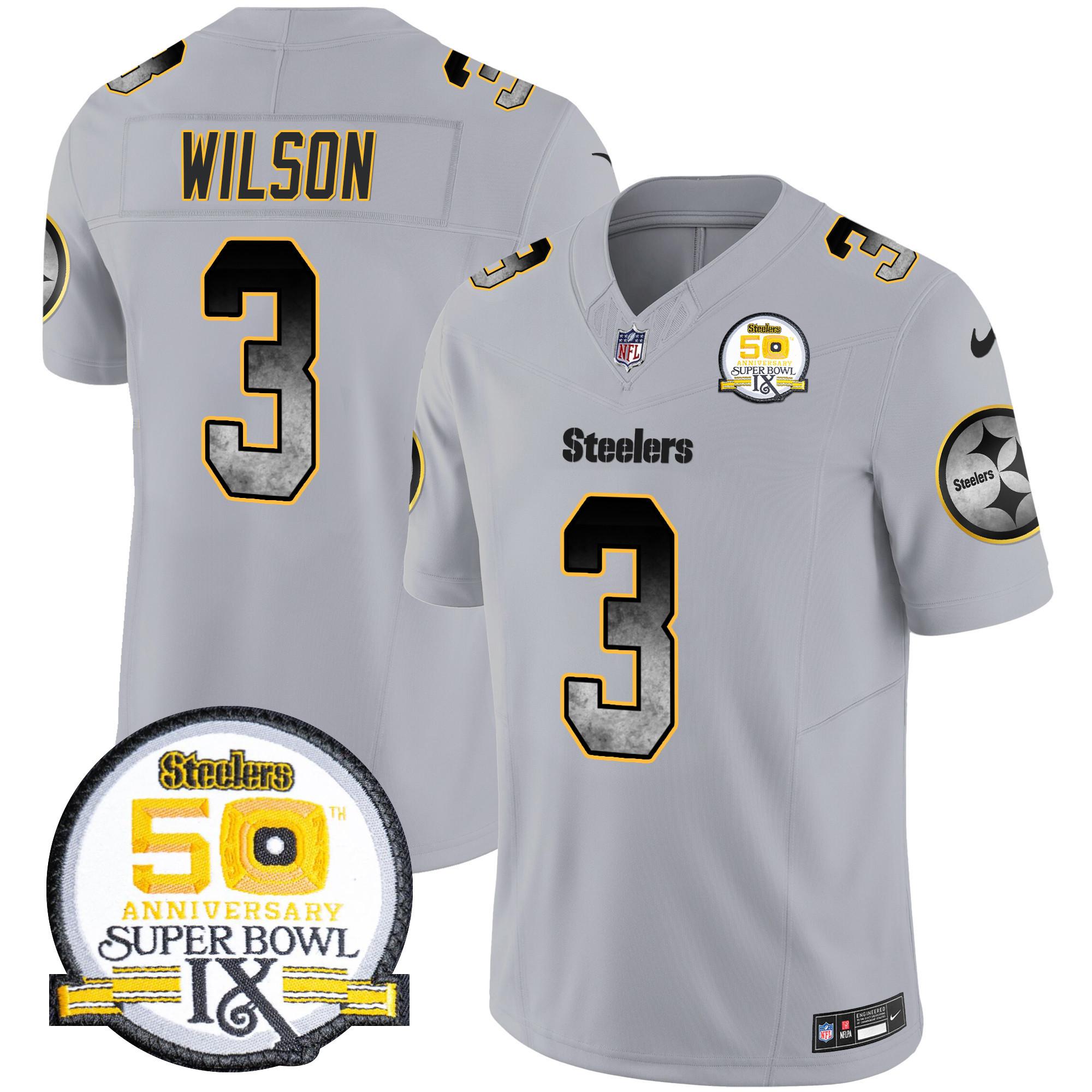 Men's Russell Wilson Pittsburgh Steelers Arch Smoke 50th Anniversary Of Super Bowl IX Patch Vapor Limited Gray Jersey - All Stitched