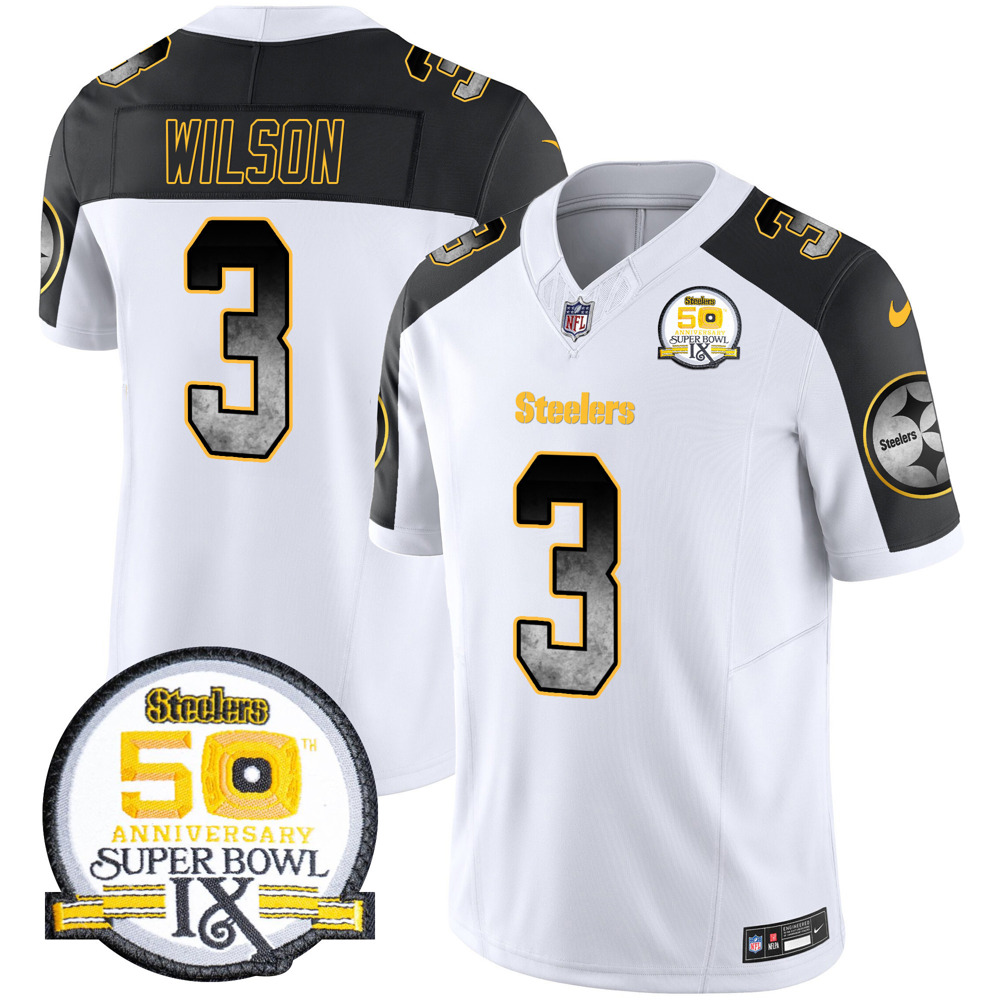 Men's Russell Wilson Pittsburgh Steelers Arch Smoke 50th Anniversary Of Super Bowl IX Patch Vapor Limited Inverted Jersey - All Stitched