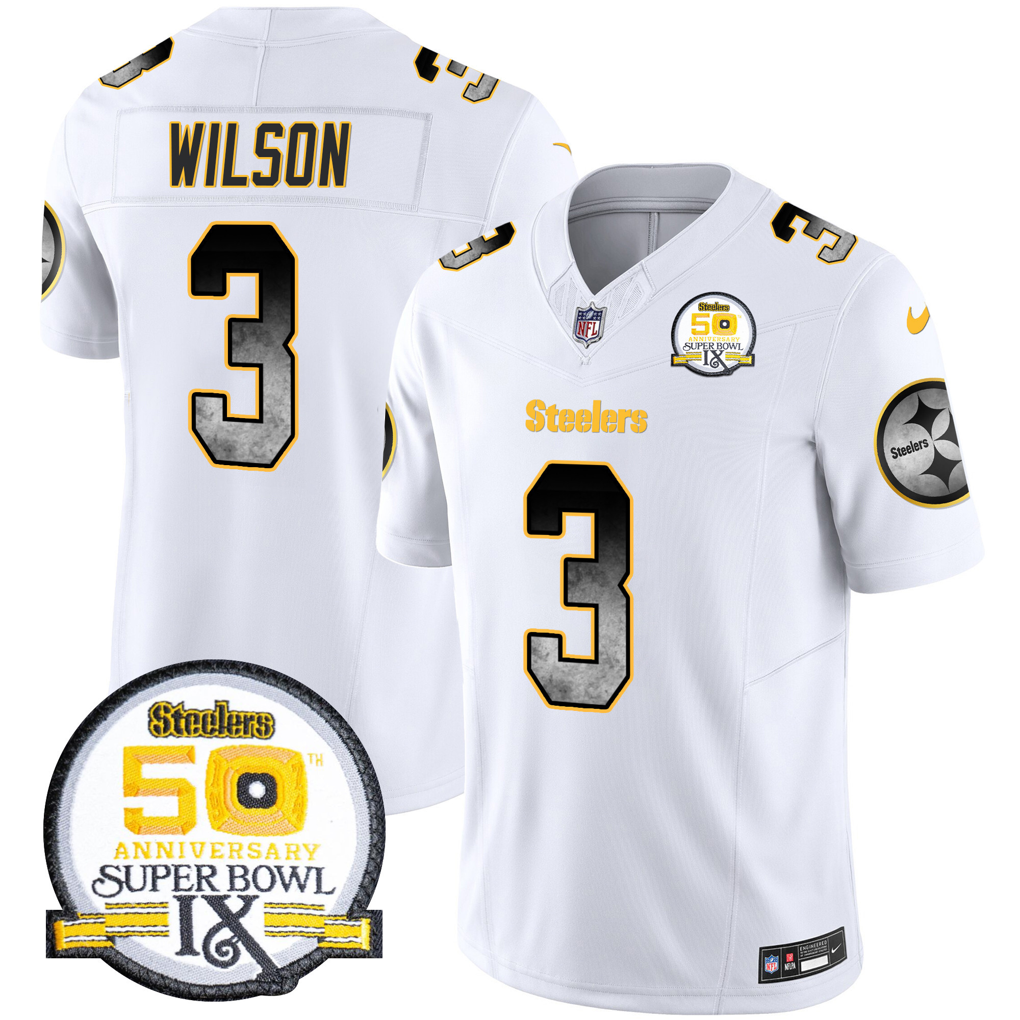Men's Russell Wilson Pittsburgh Steelers Arch Smoke 50th Anniversary Of Super Bowl IX Patch Vapor Limited White Jersey - All Stitched
