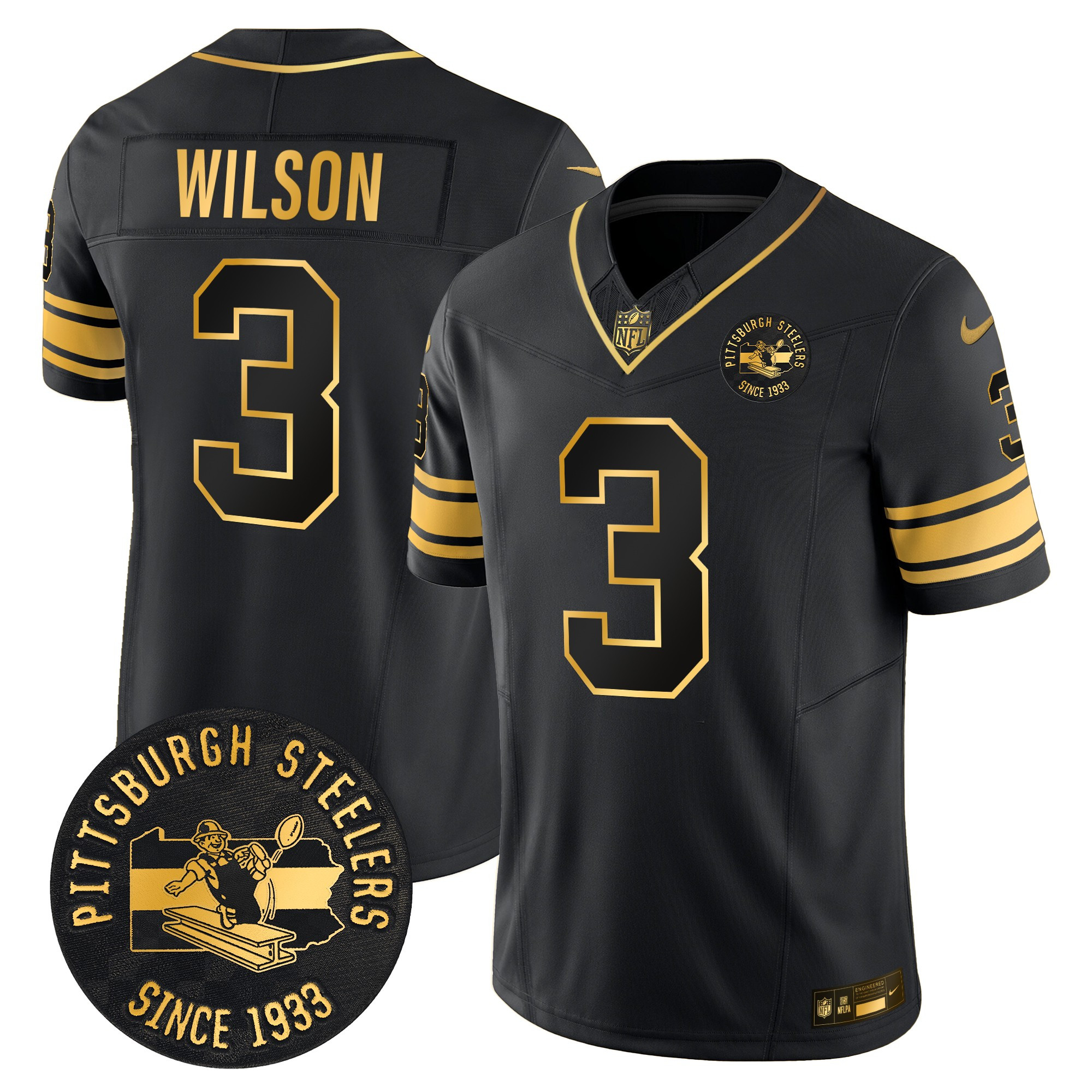 Men's Russell Wilson Pittsburgh Steelers Throwback 1933 Patch Gold Vapor Limited Black Gold Jersey - All Stitched