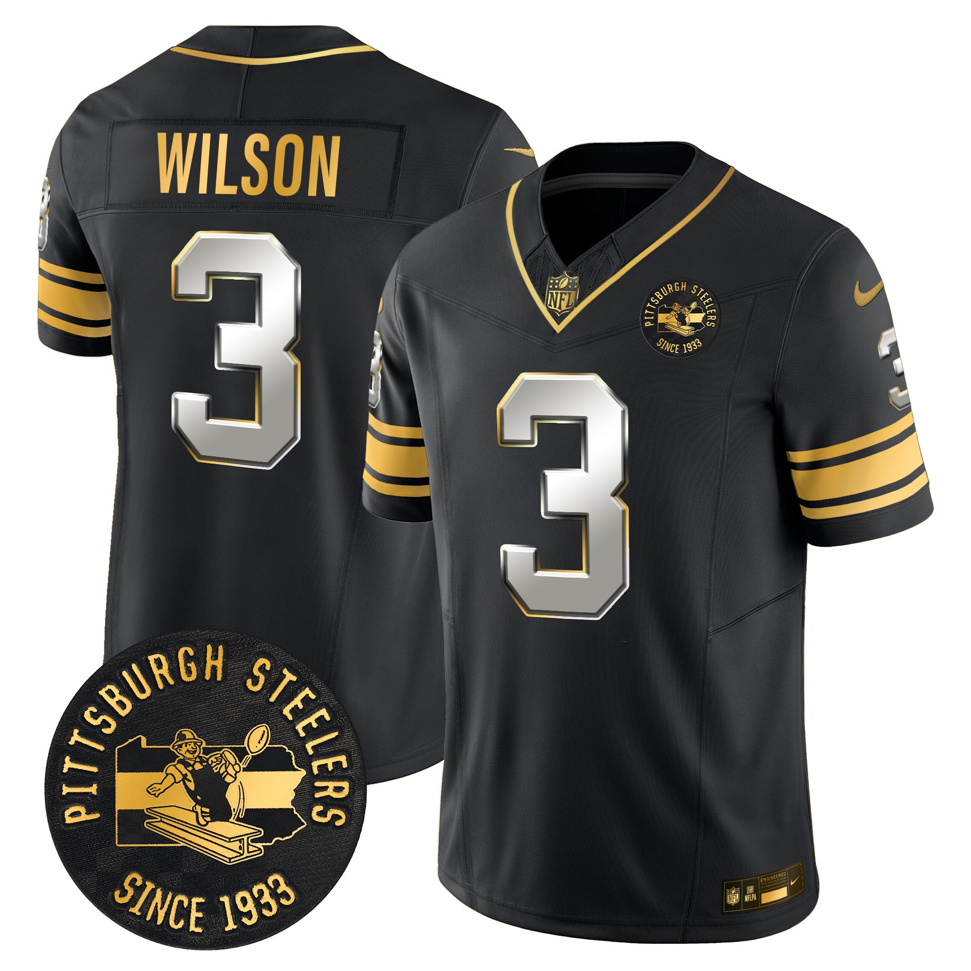 Men's Russell Wilson Pittsburgh Steelers Throwback 1933 Patch Gold Vapor Limited Black Limited Jersey - All Stitched