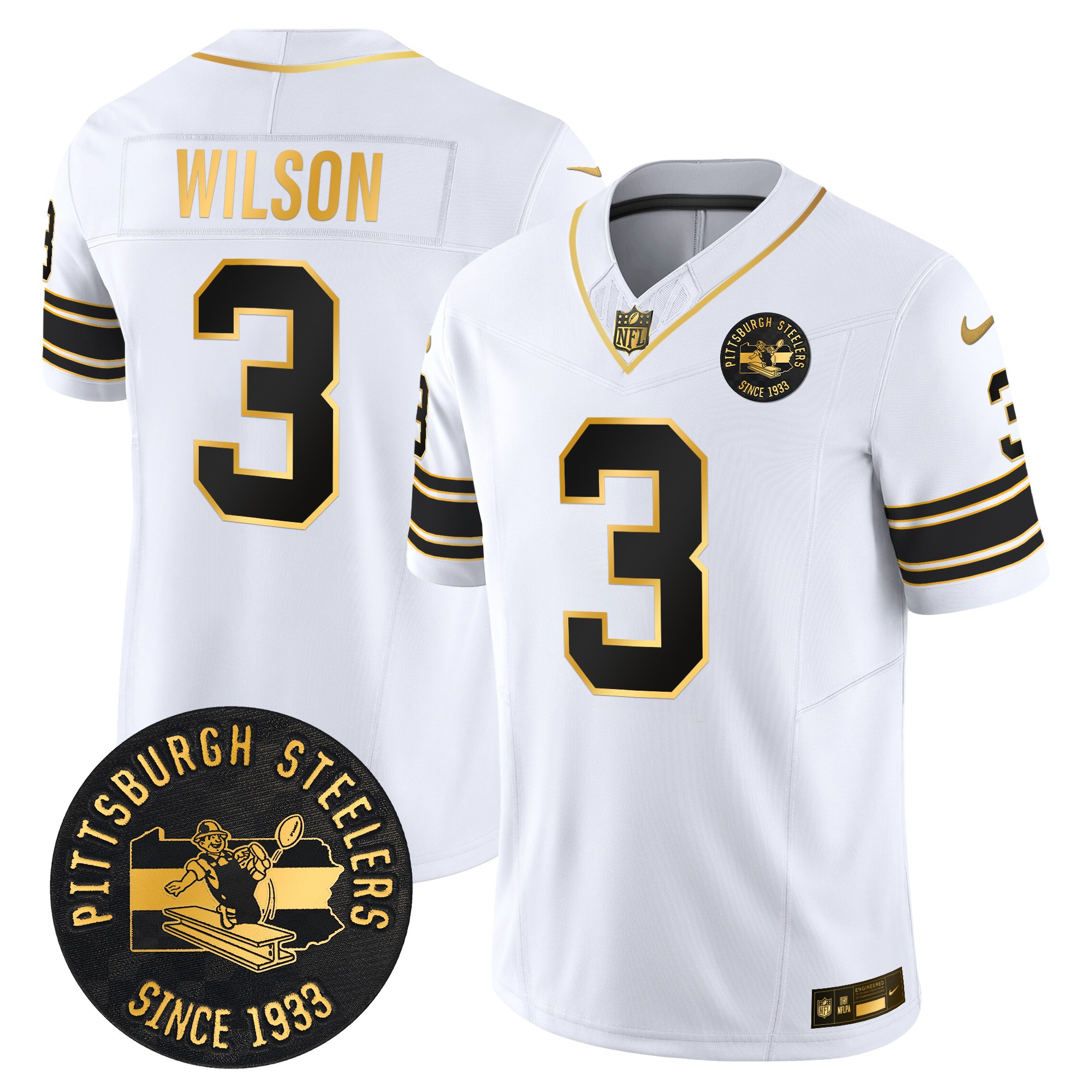 Men's Russell Wilson Pittsburgh Steelers Throwback 1933 Patch Gold Vapor Limited White Gold Jersey - All Stitched