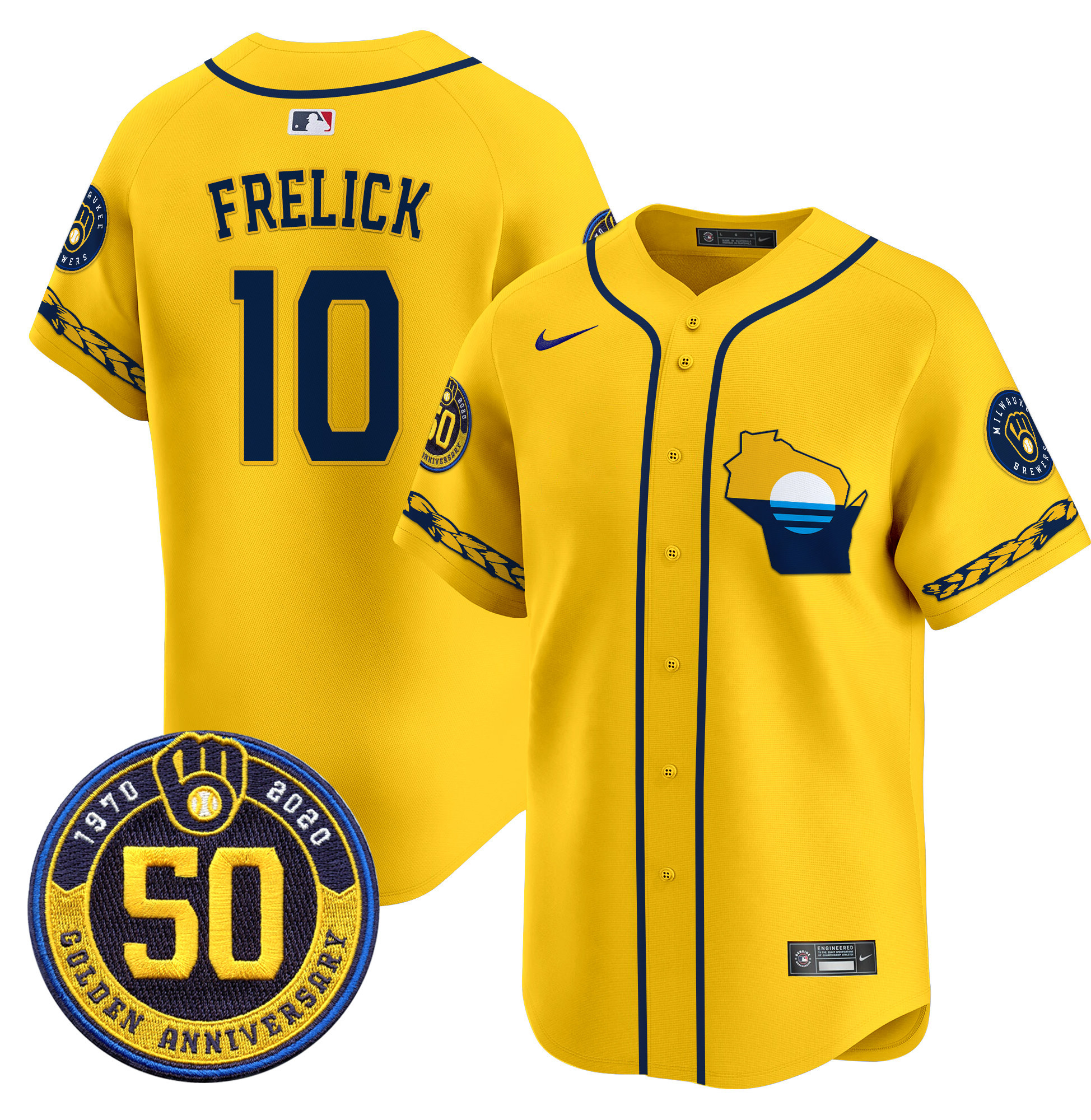 Men's Sal Frelick Milwaukee Brewers Golden 50th Anniversary Patch Vapor Premier Limited Gold Jersey - All Stitched