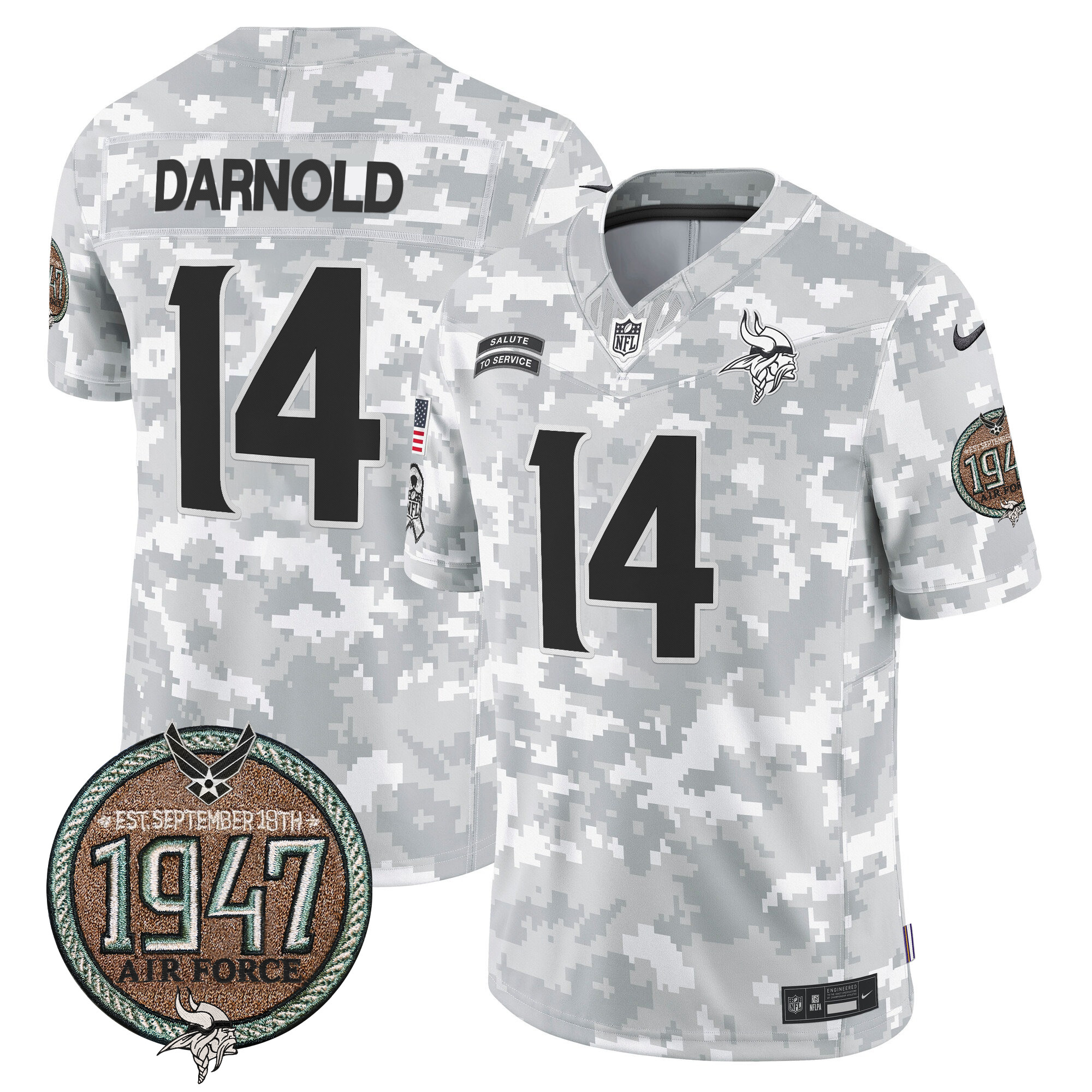 Men's Sam Darnold Minnesota Vikings 2024 Salute to Service Establishment Year Patch Vapor Limited Air Force Jersey - All Stitched
