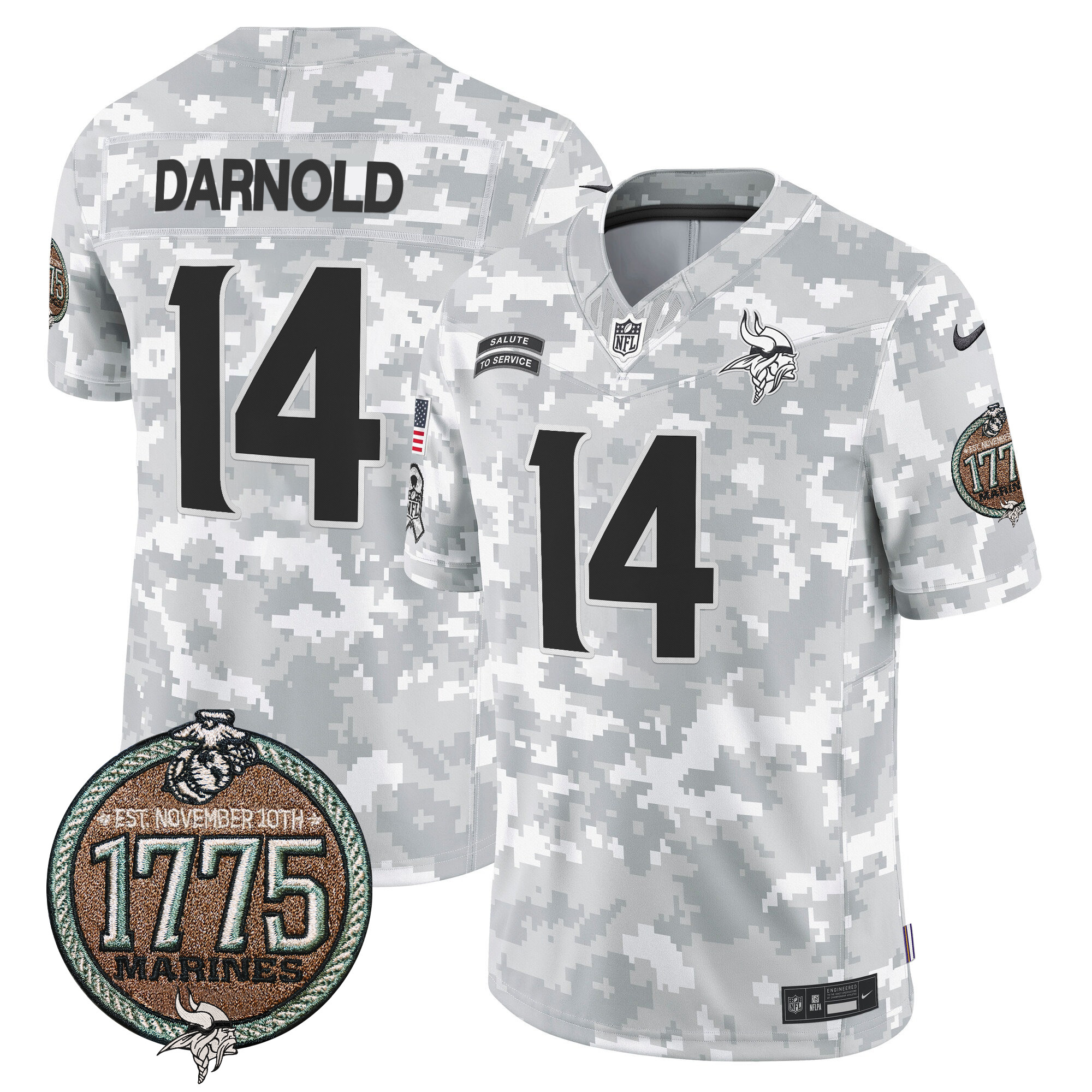 Men's Sam Darnold Minnesota Vikings 2024 Salute to Service Establishment Year Patch Vapor Limited Marines Jersey - All Stitched