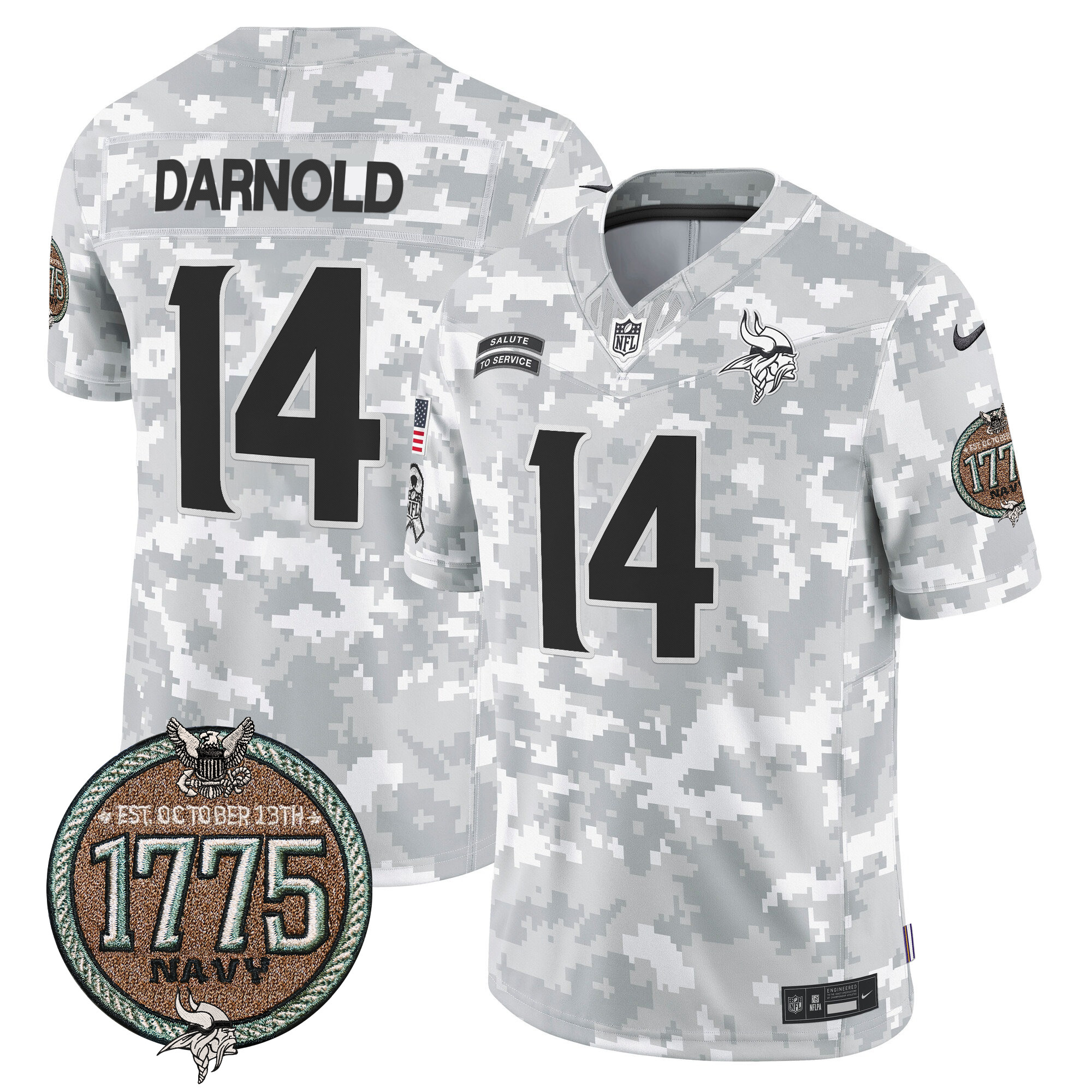 Men's Sam Darnold Minnesota Vikings 2024 Salute to Service Establishment Year Patch Vapor Limited Navy Jersey - All Stitched