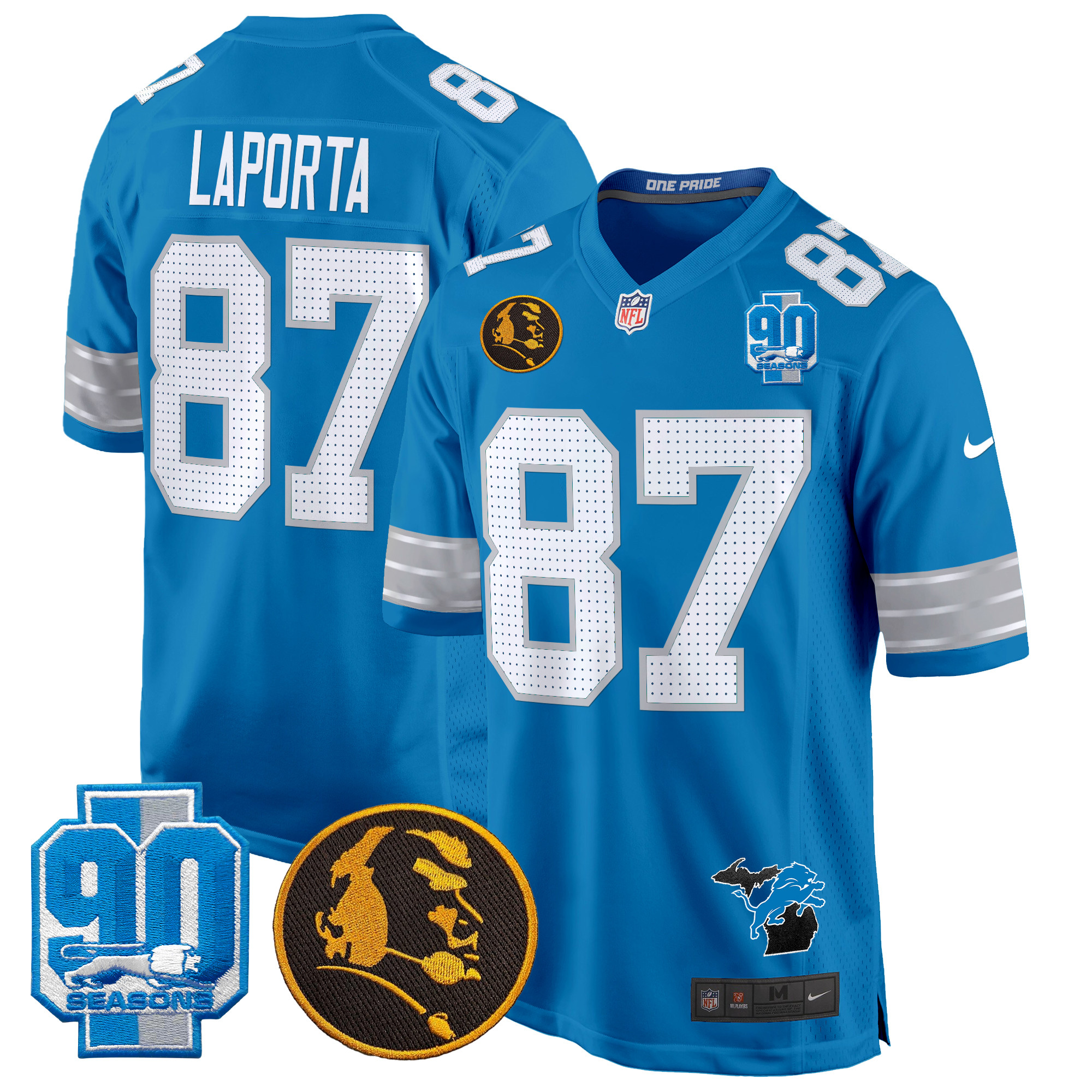 Men's Sam Laporta Detroit Lions 2024 90th & John Madden Patch Game Blue Jersey - All Stitched