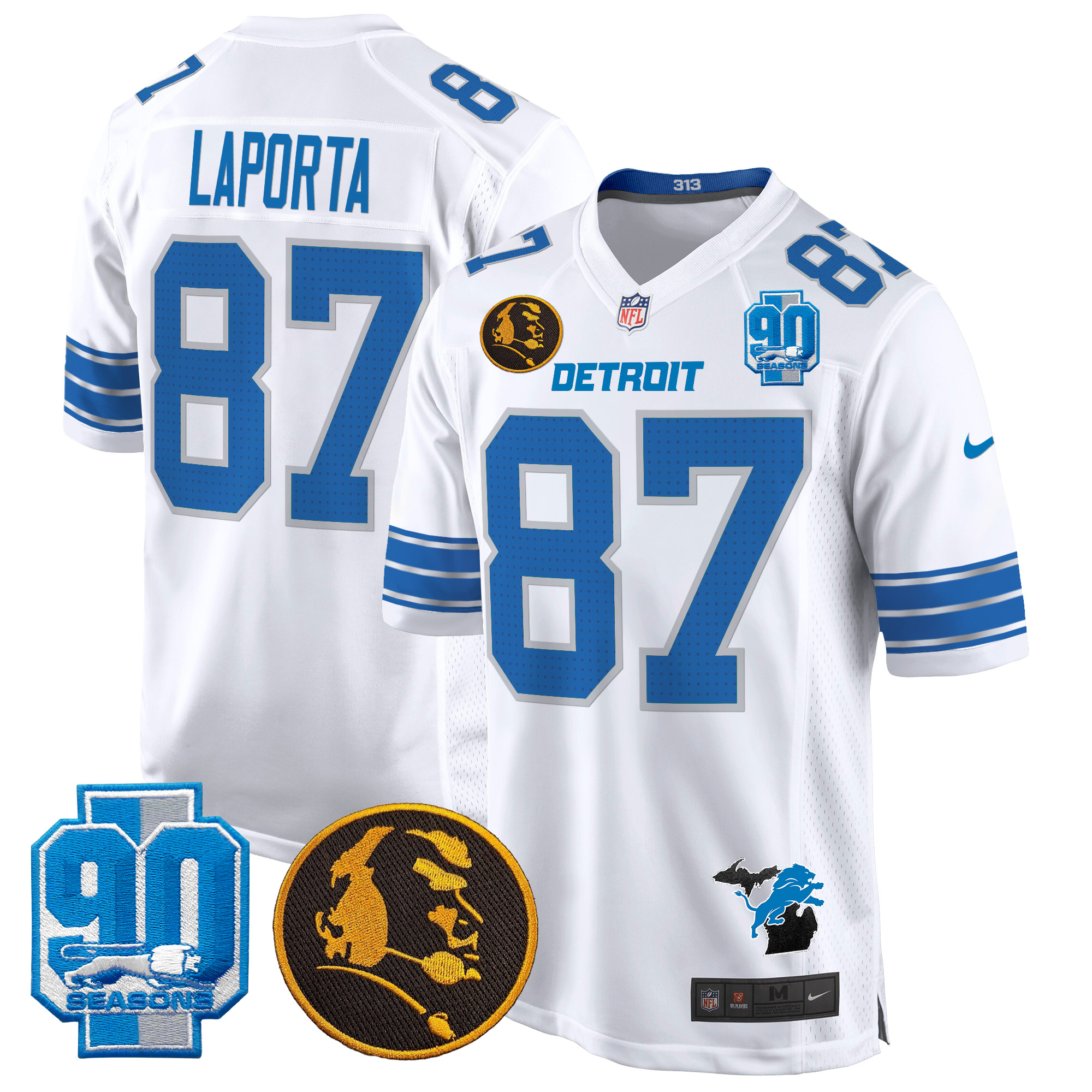 Men's Sam Laporta Detroit Lions 2024 90th & John Madden Patch Game White Jersey - All Stitched