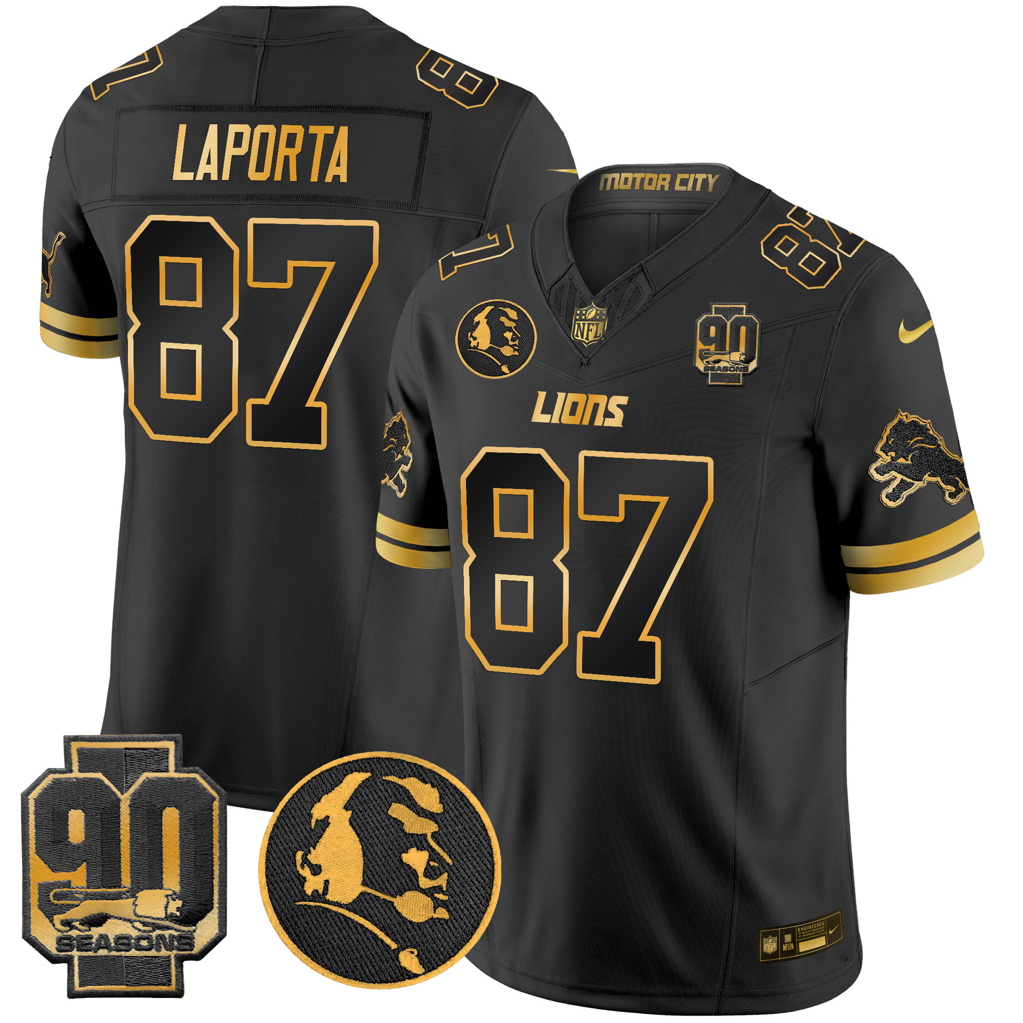 Men's Sam Laporta Detroit Lions 2024 90th & John Madden Patch Gold Vapor Limited Black Gold Jersey - All Stitched