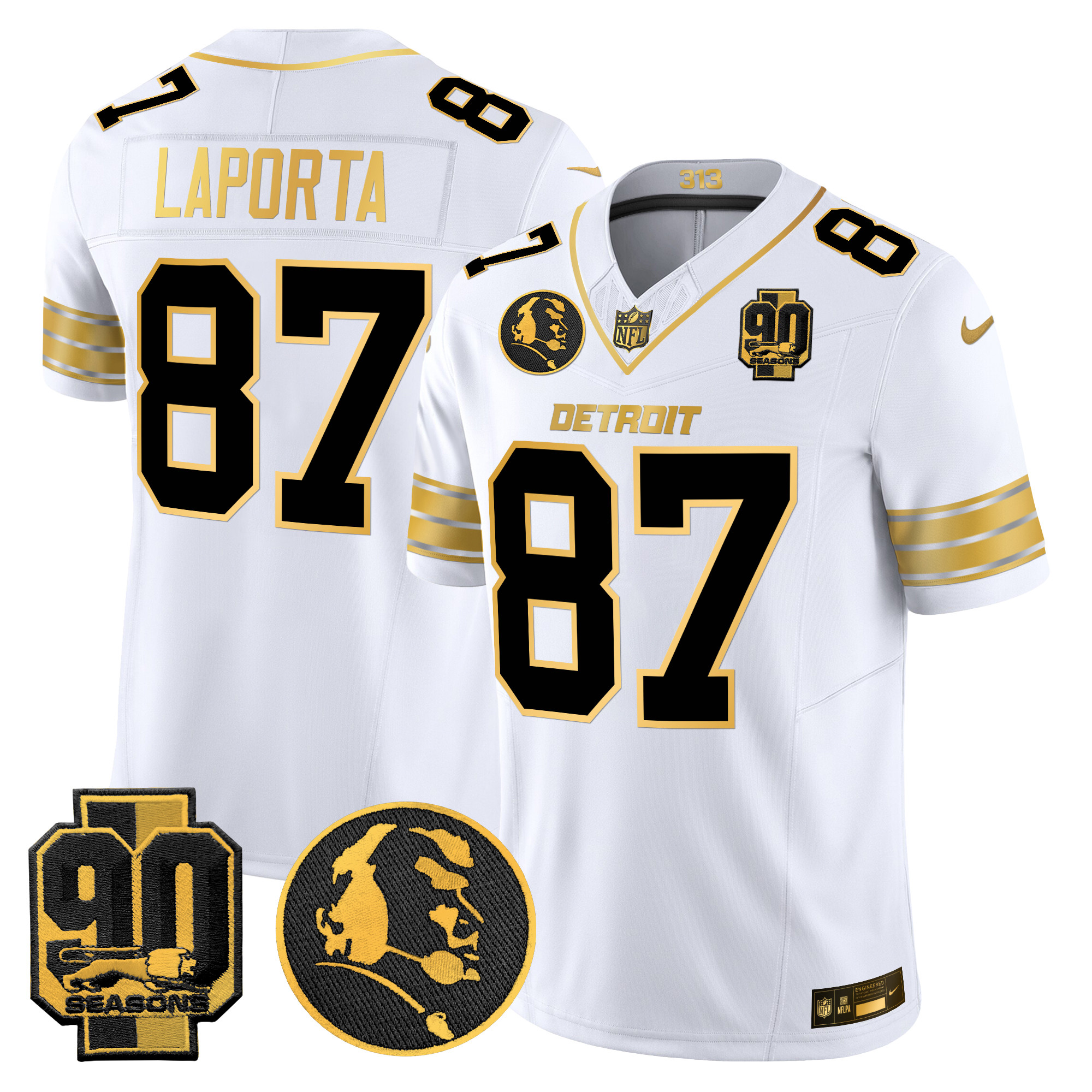Men's Sam Laporta Detroit Lions 2024 90th & John Madden Patch Gold Vapor Limited White Gold Jersey - All Stitched