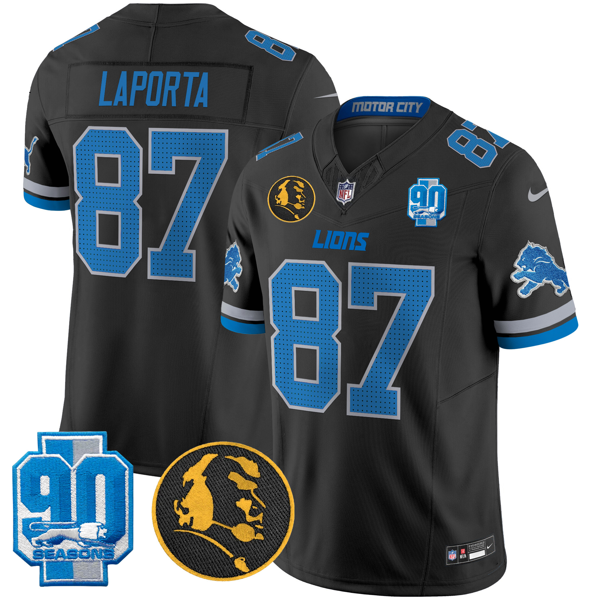 Men's Sam Laporta Detroit Lions 2024 90th & John Madden Patch Vapor Limited Black Jersey - All Stitched
