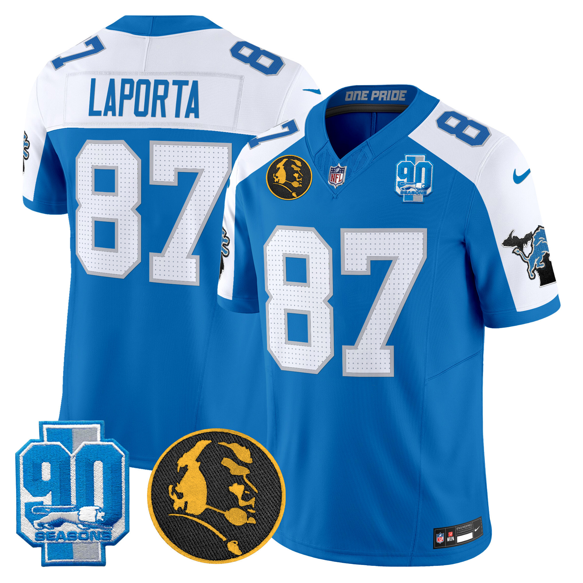 Men's Sam Laporta Detroit Lions 2024 90th & John Madden Patch Vapor Limited Blue Alternate Jersey - All Stitched