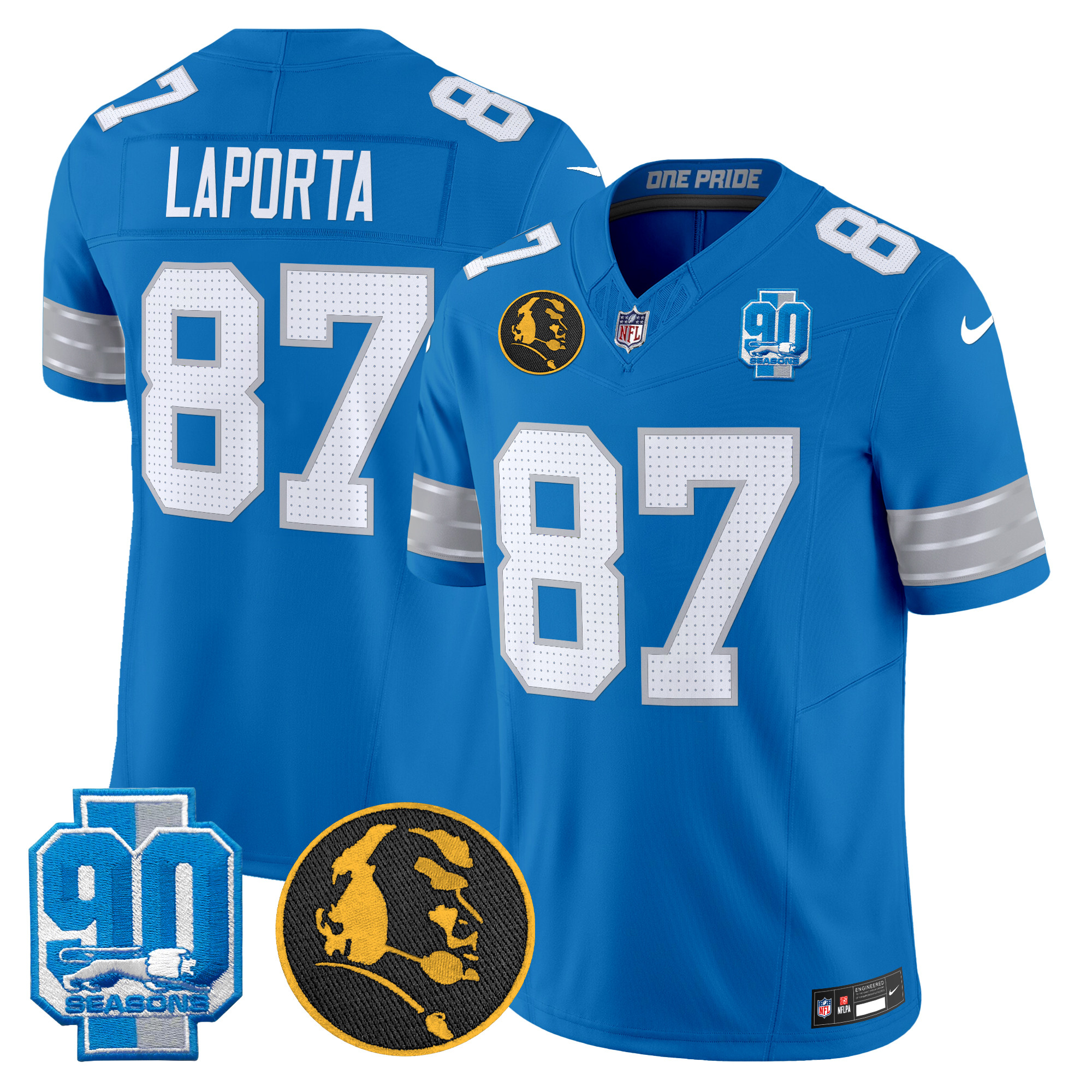 Men's Sam Laporta Detroit Lions 2024 90th & John Madden Patch Vapor Limited Blue Jersey - All Stitched