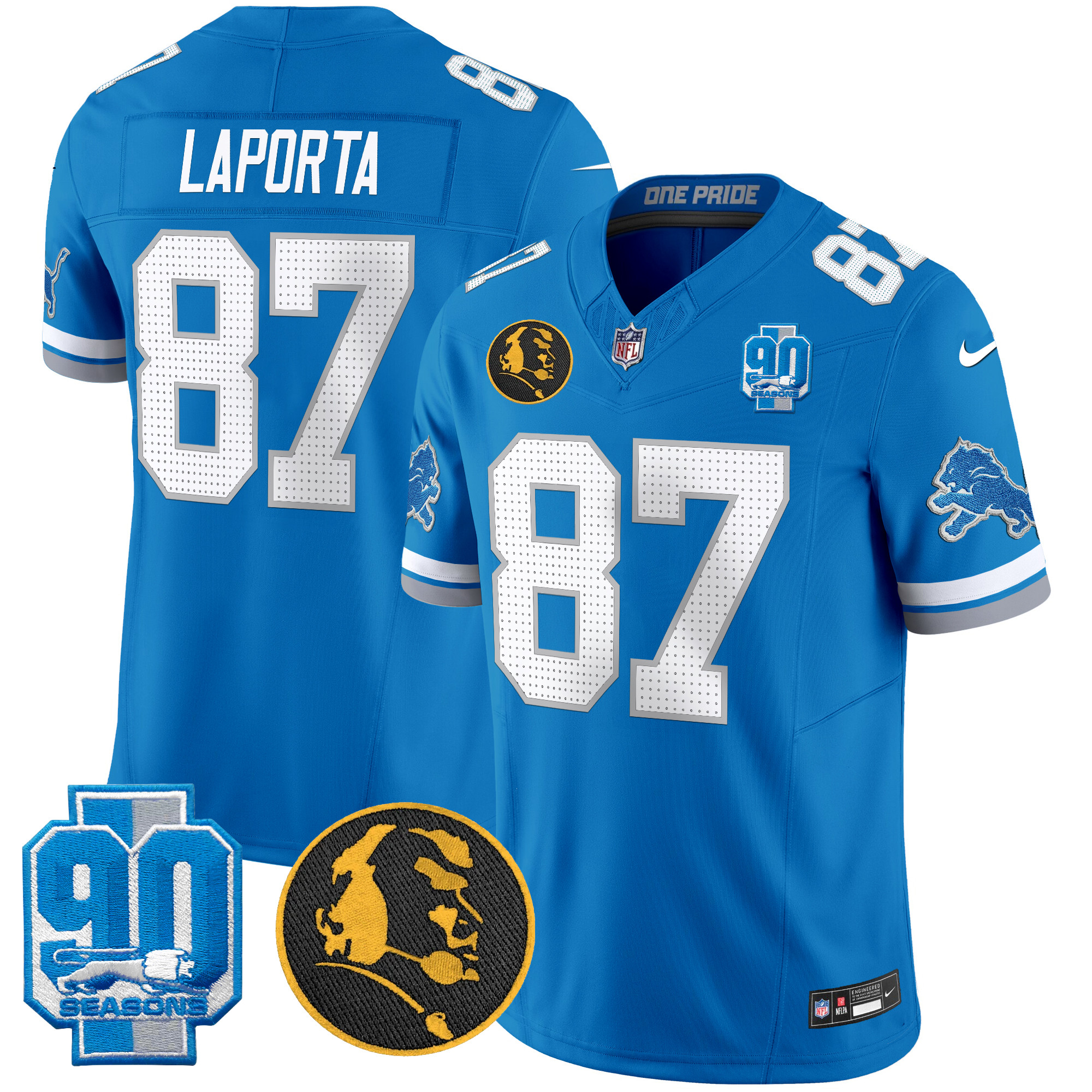 Men's Sam Laporta Detroit Lions 2024 90th & John Madden Patch Vapor Limited Blue Jersey - All Stitched