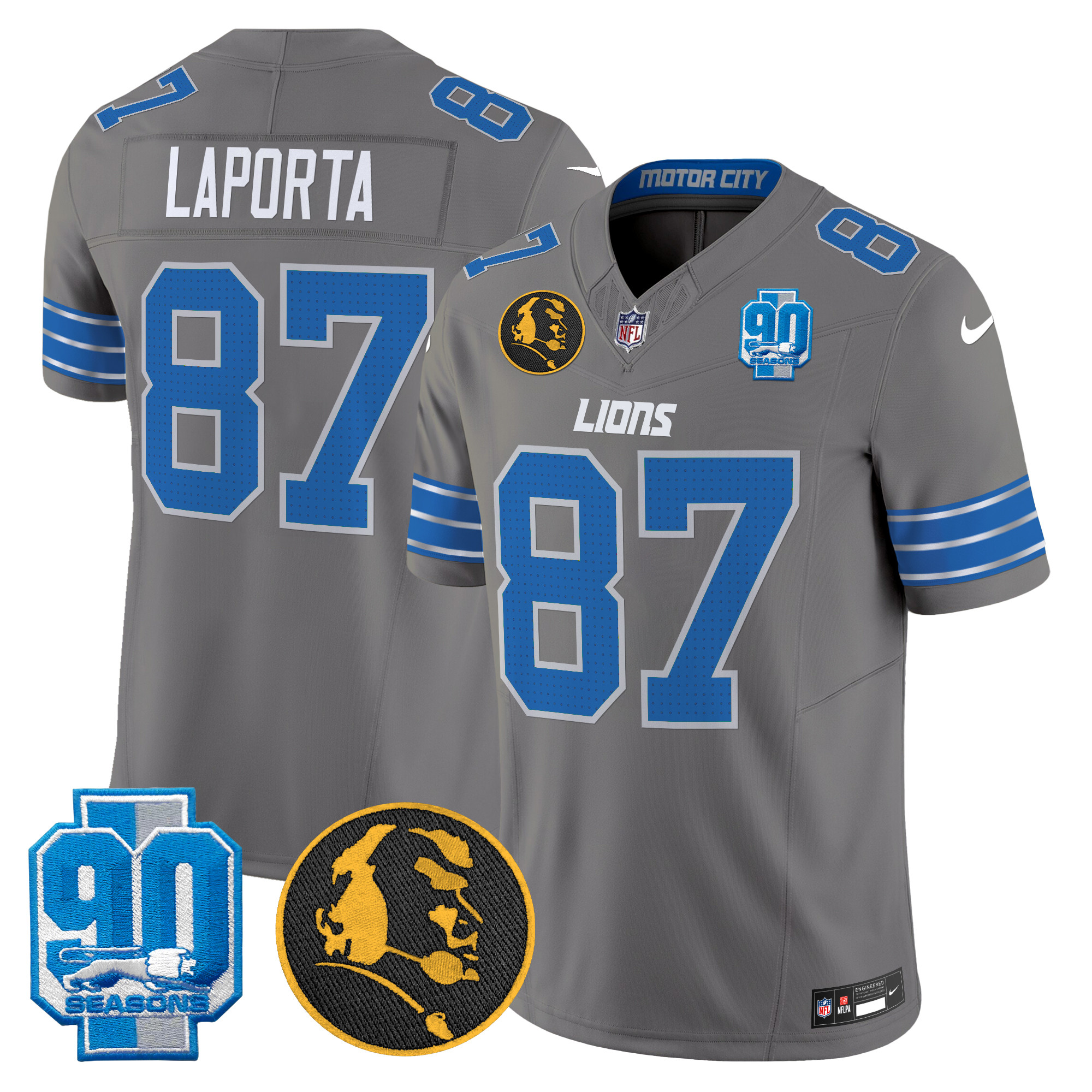 Men's Sam Laporta Detroit Lions 2024 90th & John Madden Patch Vapor Limited Gray Jersey - All Stitched