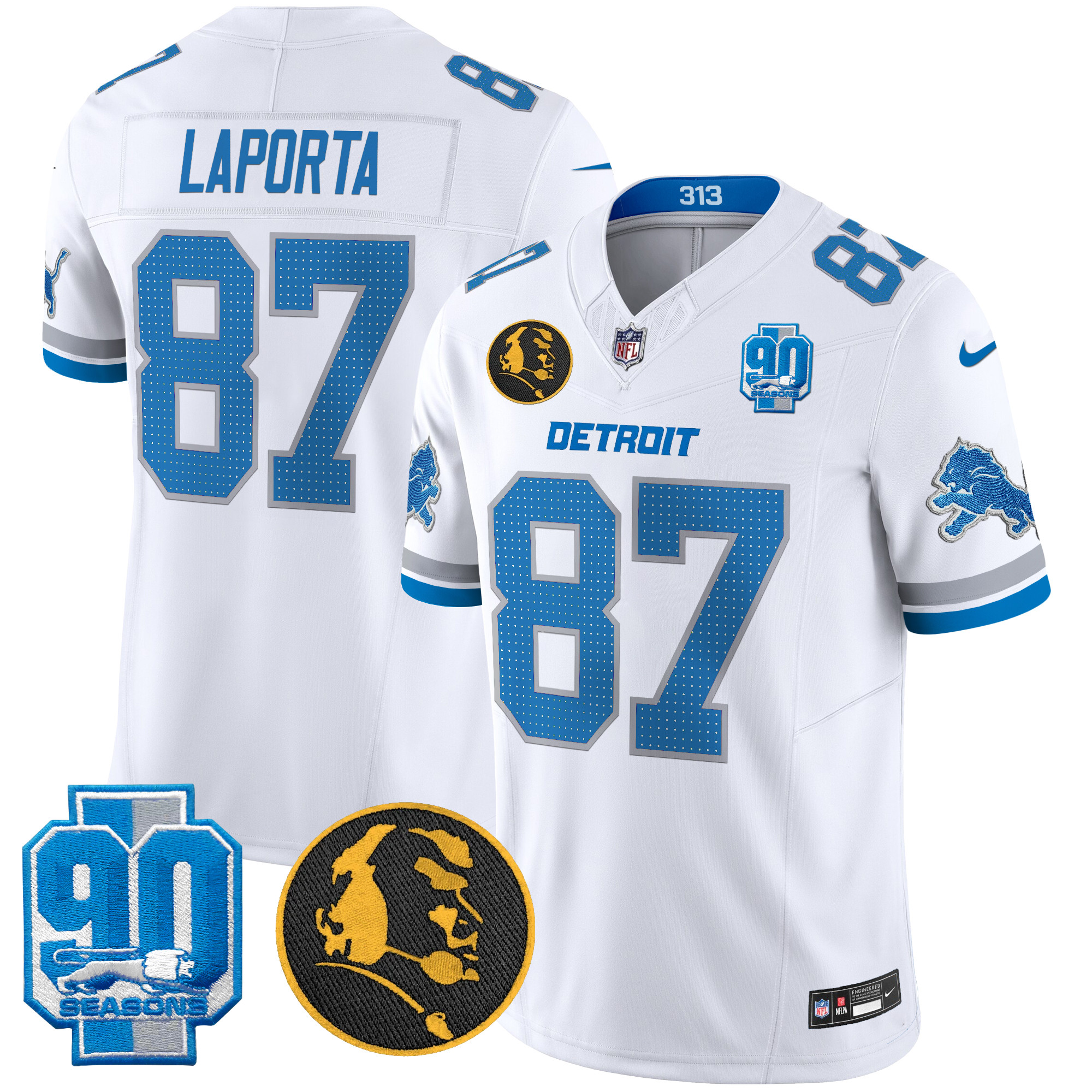 Men's Sam Laporta Detroit Lions 2024 90th & John Madden Patch Vapor Limited White Jersey - All Stitched