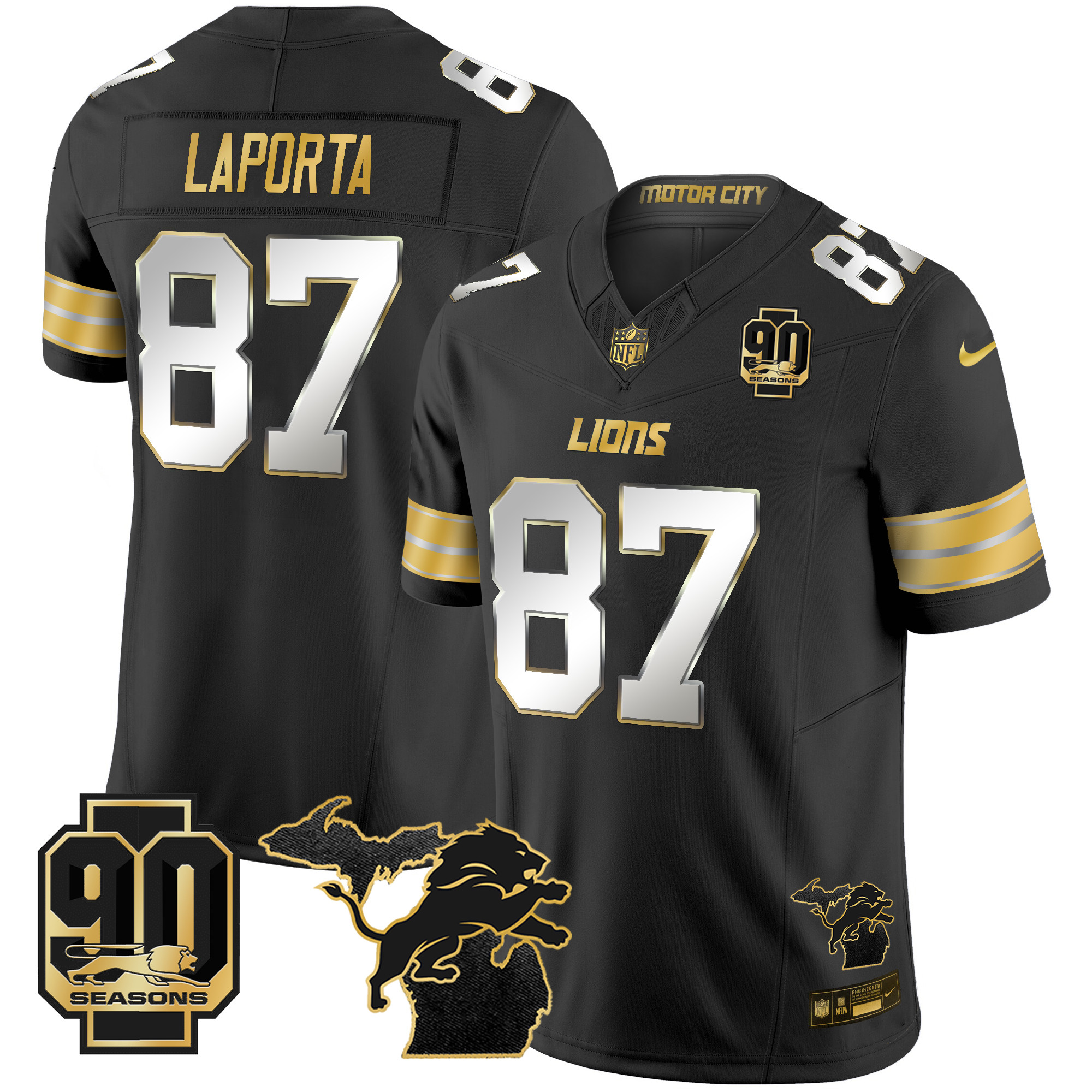 Men's Sam Laporta Detroit Lions 2024 Michigan & 90th Season Patch Gold Vapor Limited Black Limited Jersey - All Stitched
