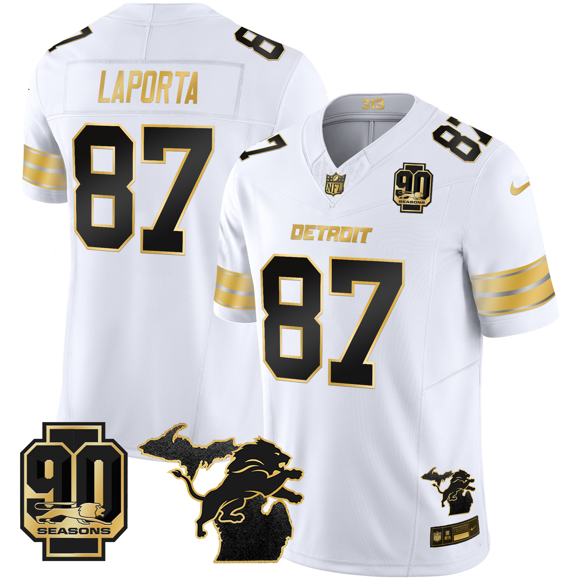 Men's Sam Laporta Detroit Lions 2024 Michigan & 90th Season Patch Gold Vapor Limited White Gold Jersey - All Stitched