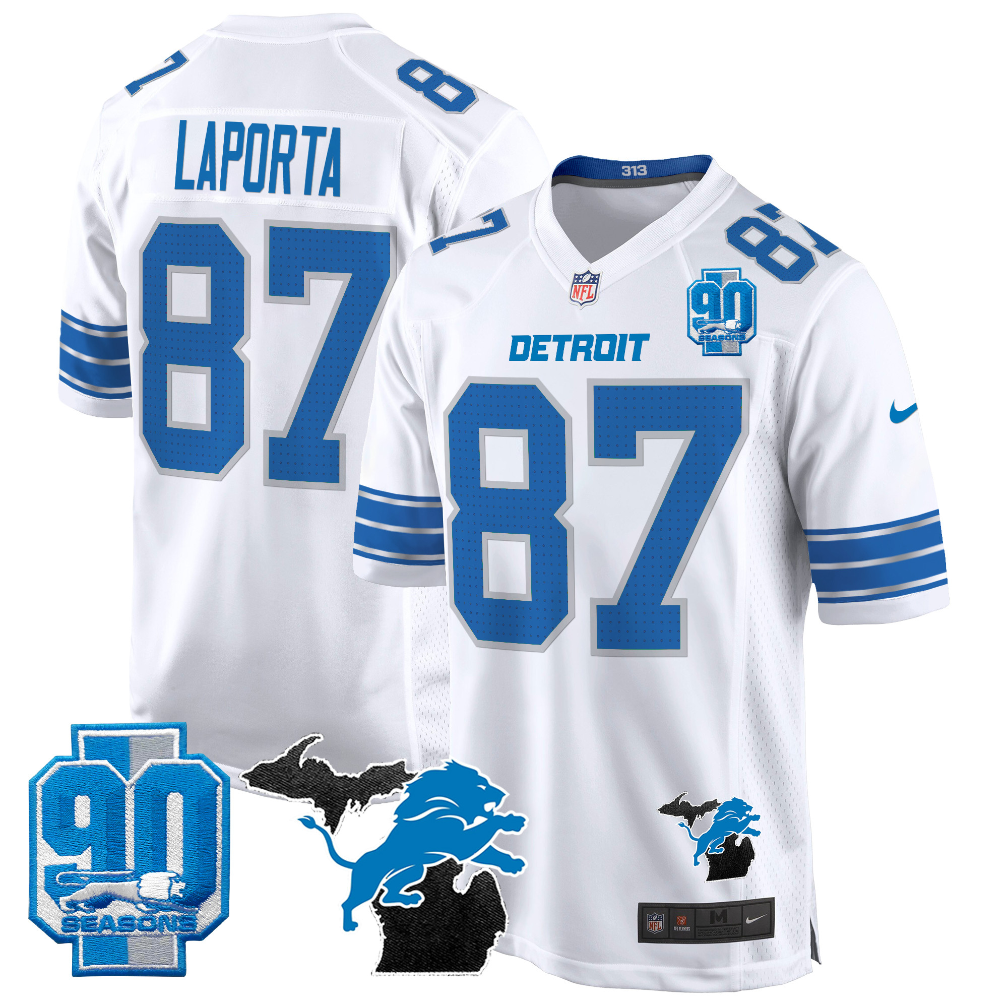 Men's Sam Laporta Detroit Lions 2024 Michigan & 90th Year Patch Game White Jersey - All Stitched