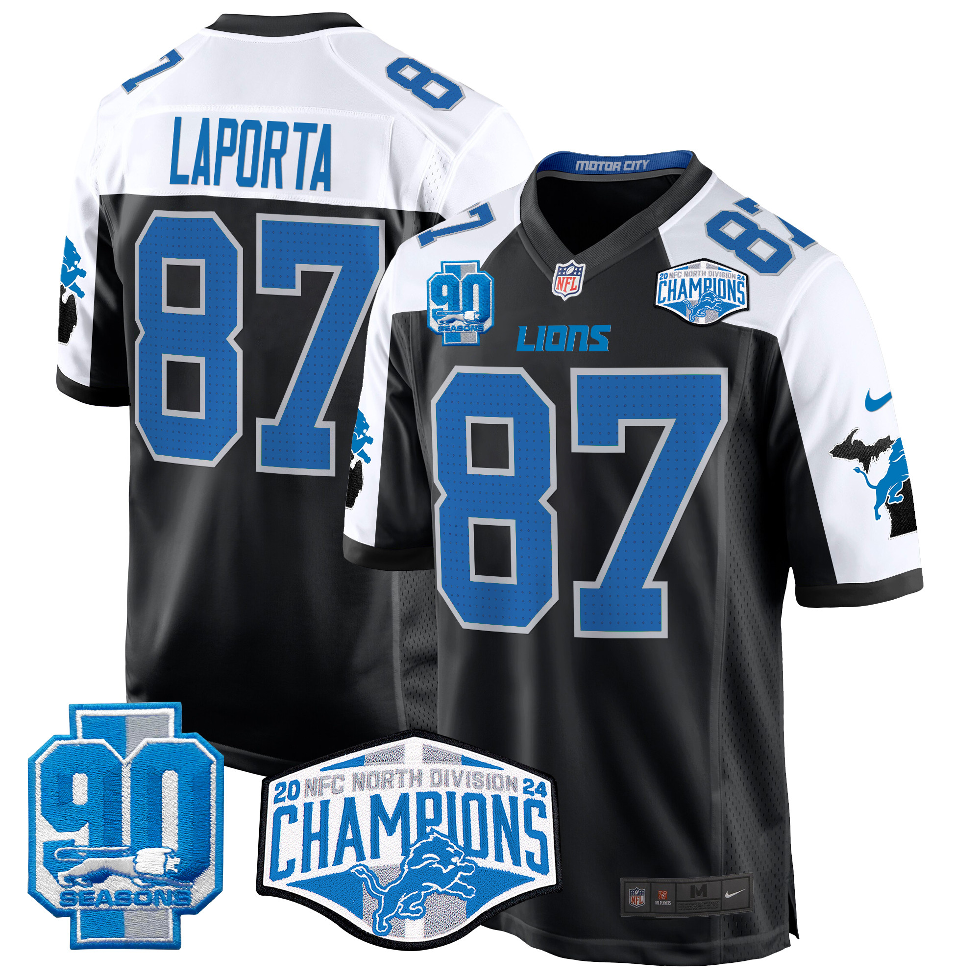 Men's Sam Laporta Detroit Lions 2024 NFC North Division Champions Patch Game Black Alternate Jersey - All Stitched