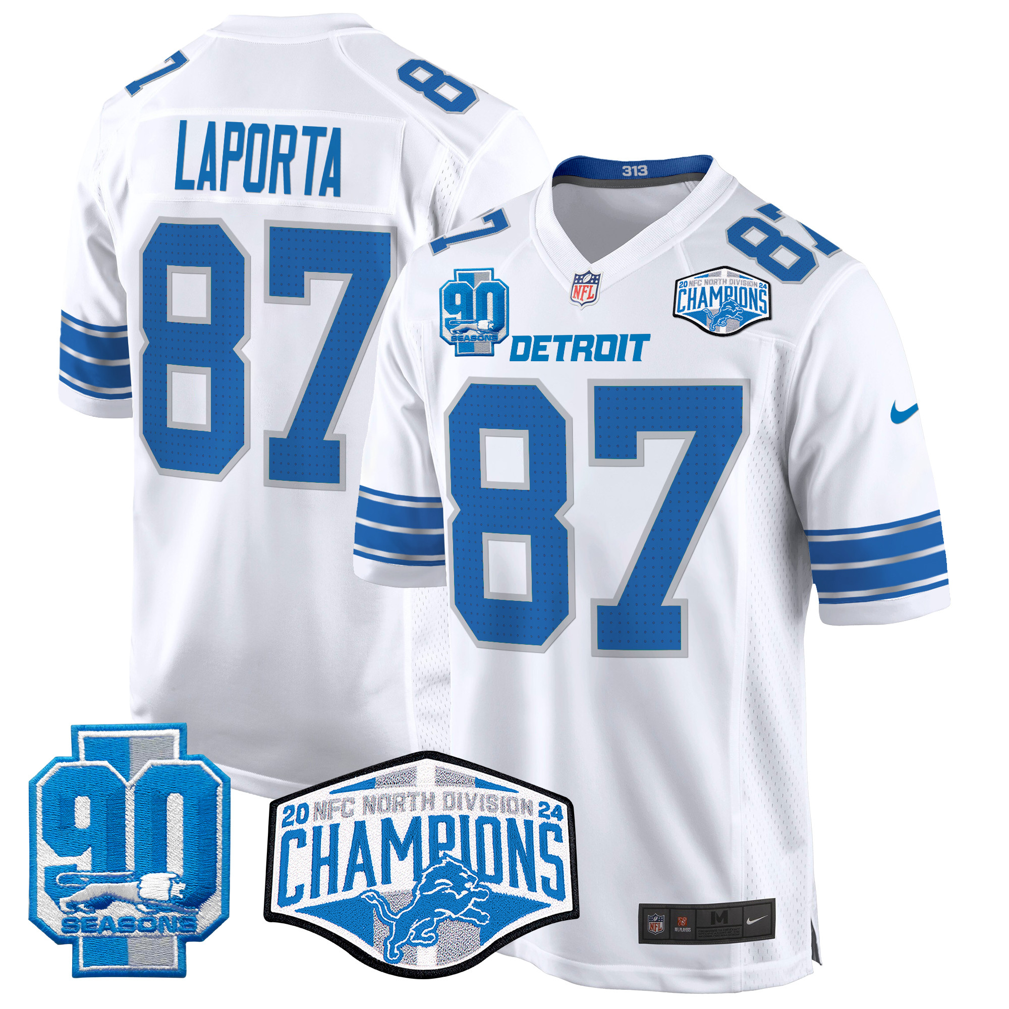 Men's Sam Laporta Detroit Lions 2024 NFC North Division Champions Patch Game White Jersey - All Stitched