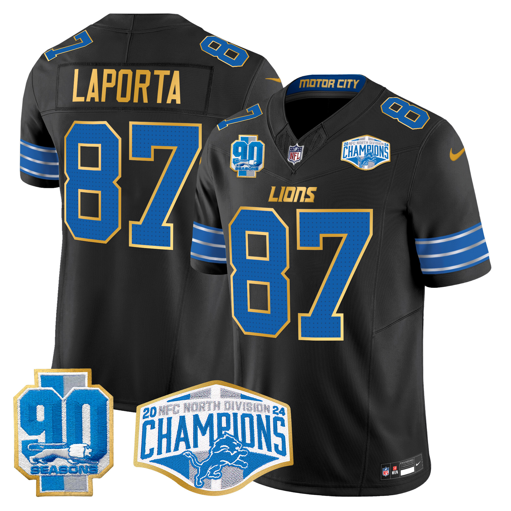 Men's Sam Laporta Detroit Lions 2024 NFC North Division Champions Patch Gold Trim Vapor Limited Black Jersey - All Stitched