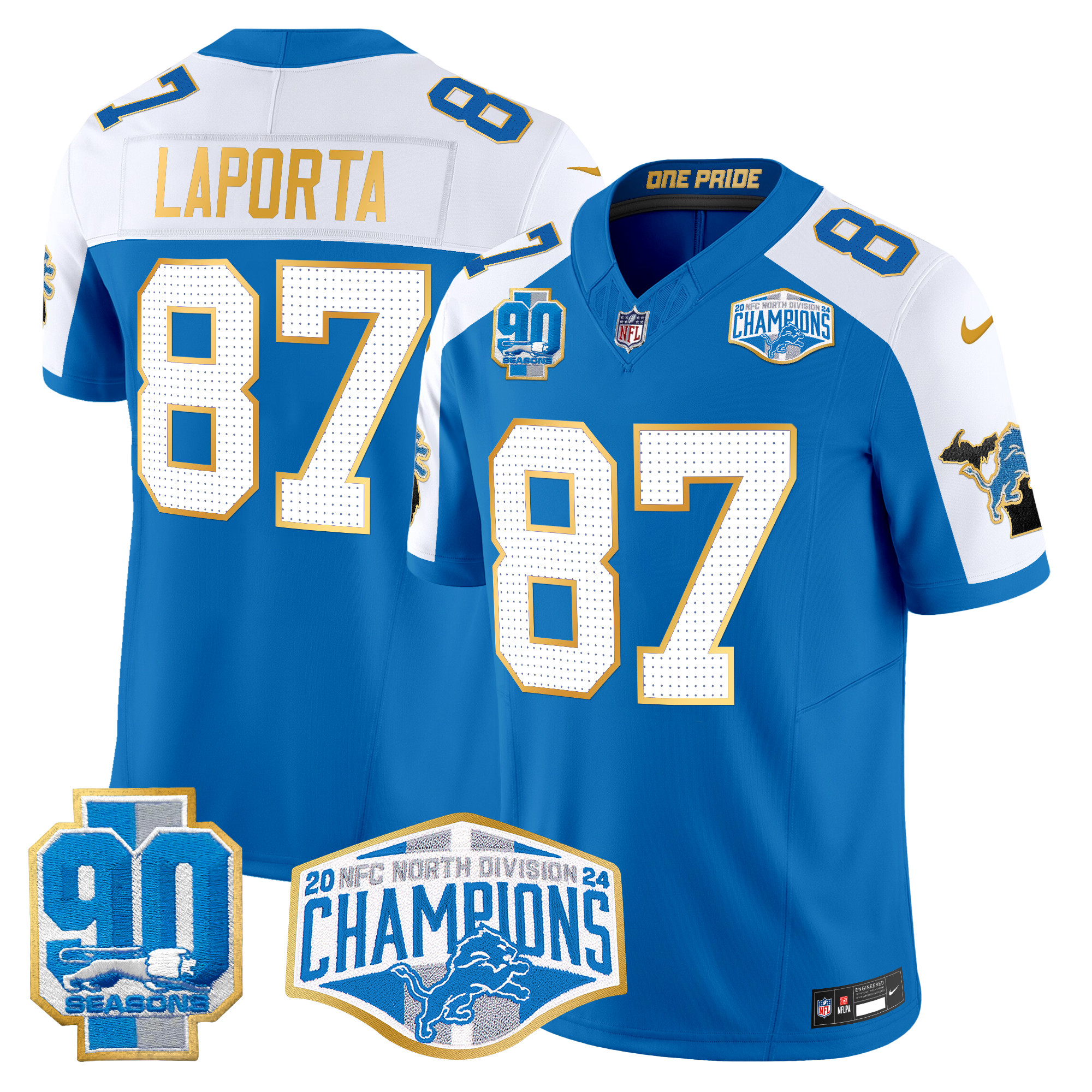 Men's Sam Laporta Detroit Lions 2024 NFC North Division Champions Patch Gold Trim Vapor Limited Blue Alternate Jersey - All Stitched