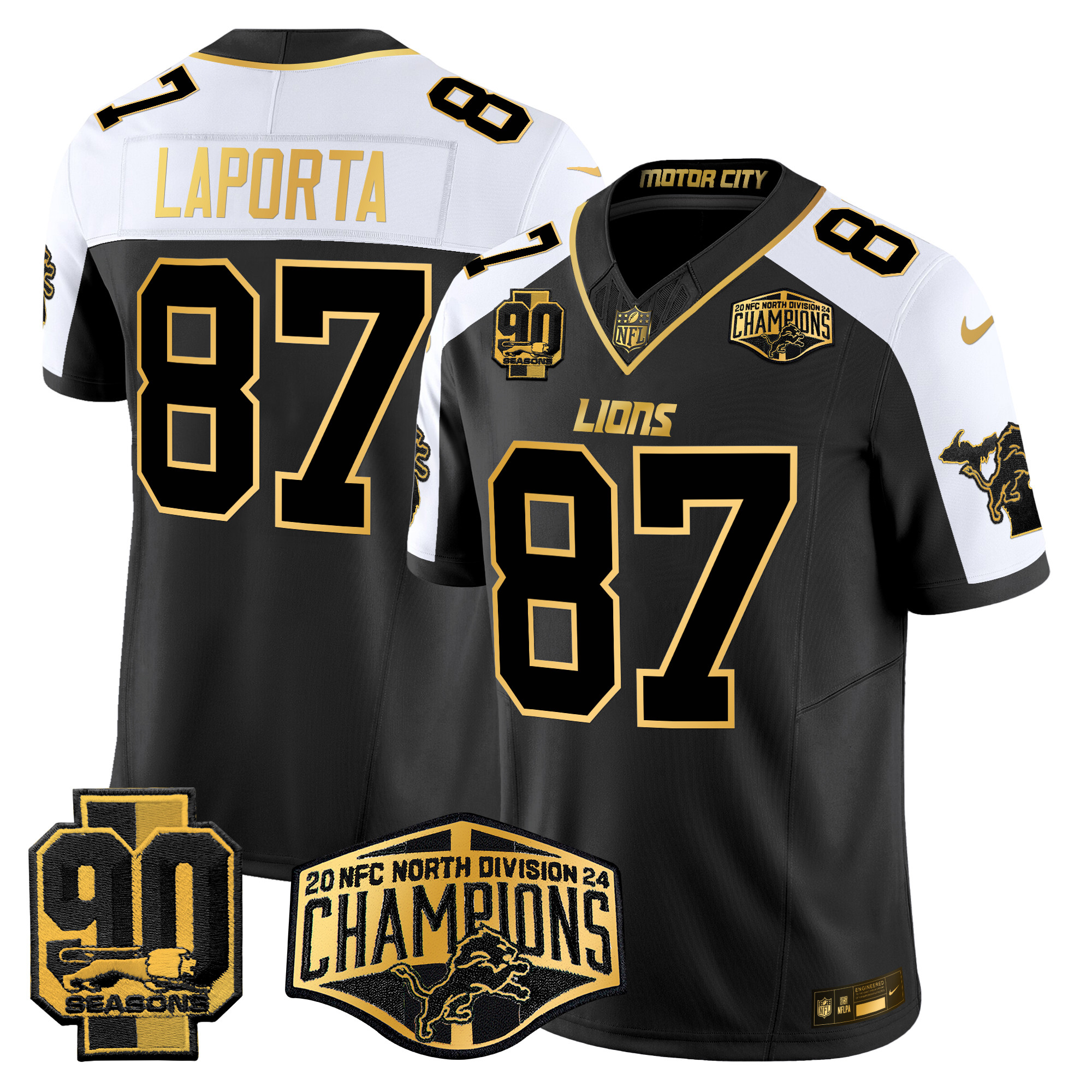 Men's Sam Laporta Detroit Lions 2024 NFC North Division Champions Patch Gold Vapor Limited Alternate Jersey - All Stitched